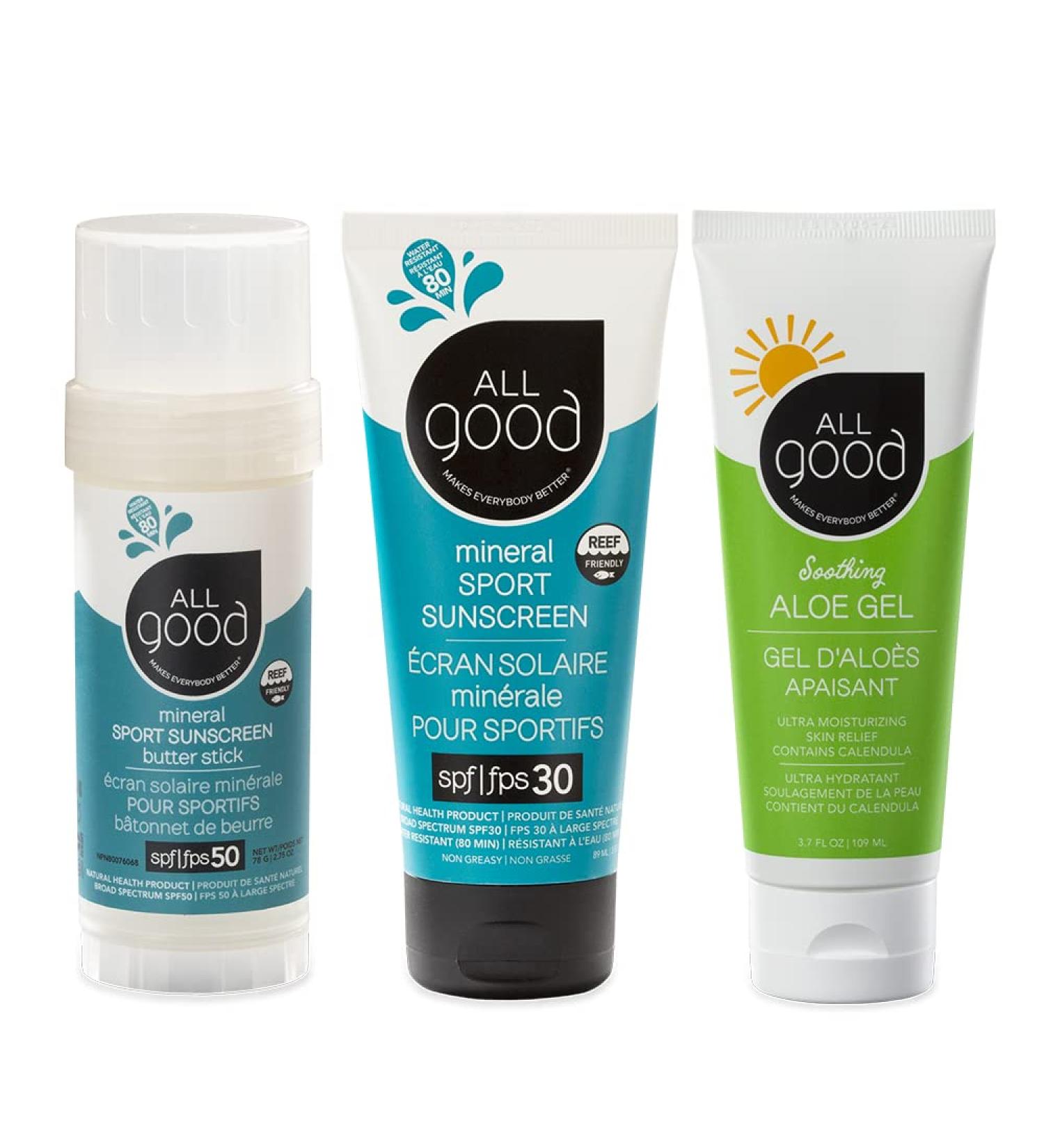 All Good Sport Mineral Sunscreen & Aloe Gel Bundle - SPF 50 Butter Stick, SPF 30 Lotion, Aloe Gel - UVA/UVB Broad Spectrum, Water Resistant - Buy Online on SooperMarket.com