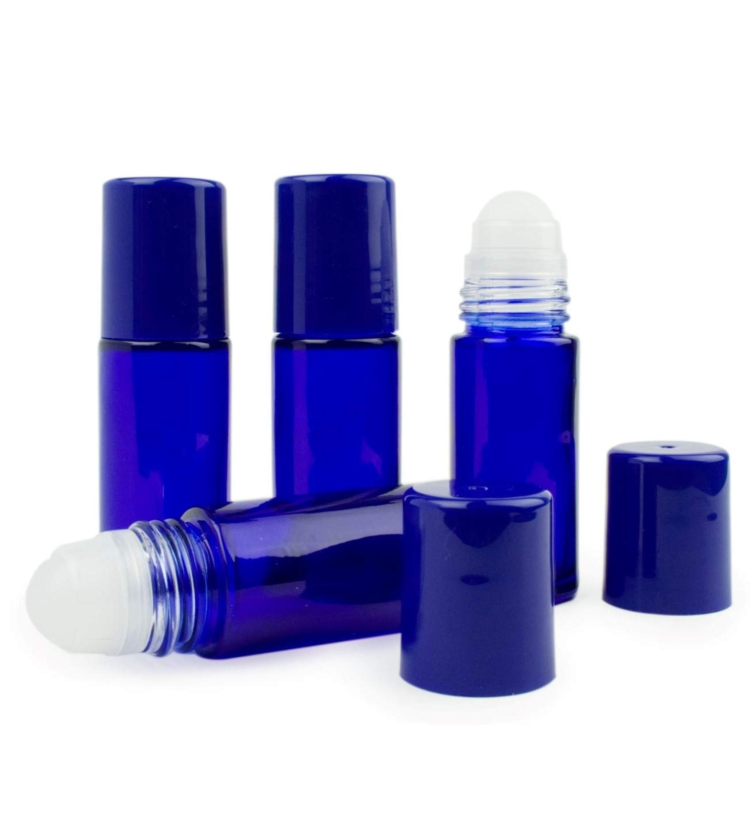 Grand Parfums 30ml 1 oz Empty Glass Refillable Bottle for Essential Oils - Blue with Blue Caps (4-Pack) For Travel Colognes Perfumes 4x Blue
