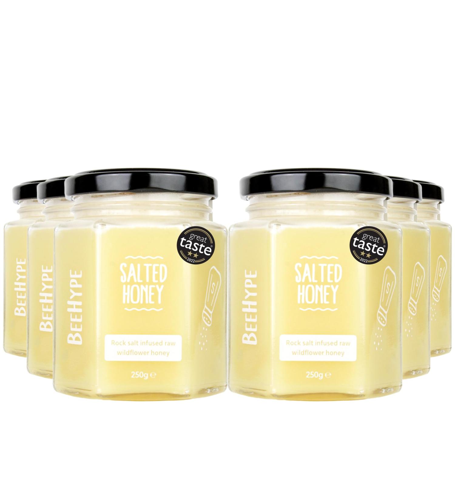 BeeHype - Salted Honey Raw Wildflower Honey with Alpine Rock Salt Low Calorie Alternative with NO Palm Oil and NO Refined Sugars Vegetarian Nut and Dairy Free 6 x 250g Salted Honey Pack of 6 - Buy Online on SooperMarket.com
