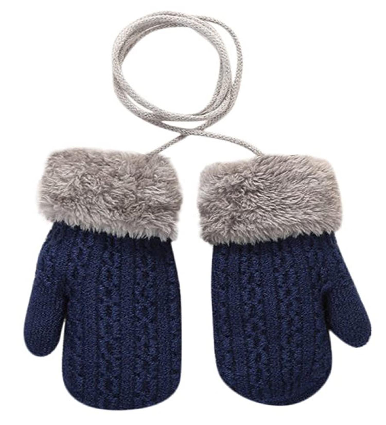 Baby Toddler Furry Winter Gloves with String | Warm Knit Magic Mittens for Kids 0-3 Years | Insulated Snow Gloves with Fleece Lining | Baby Girls Boys Gift | Dark Blue - Buy Online on SooperMarket.com