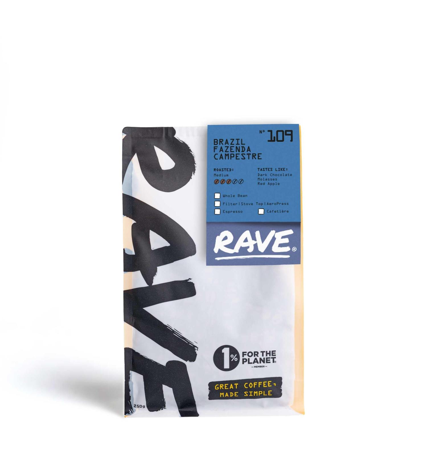 Rave Coffee - Brazil Fazenda Campestre N 109 Single Origin Espresso Grind Freshly Roasted and Ground 250g - Buy Online on SooperMarket.com