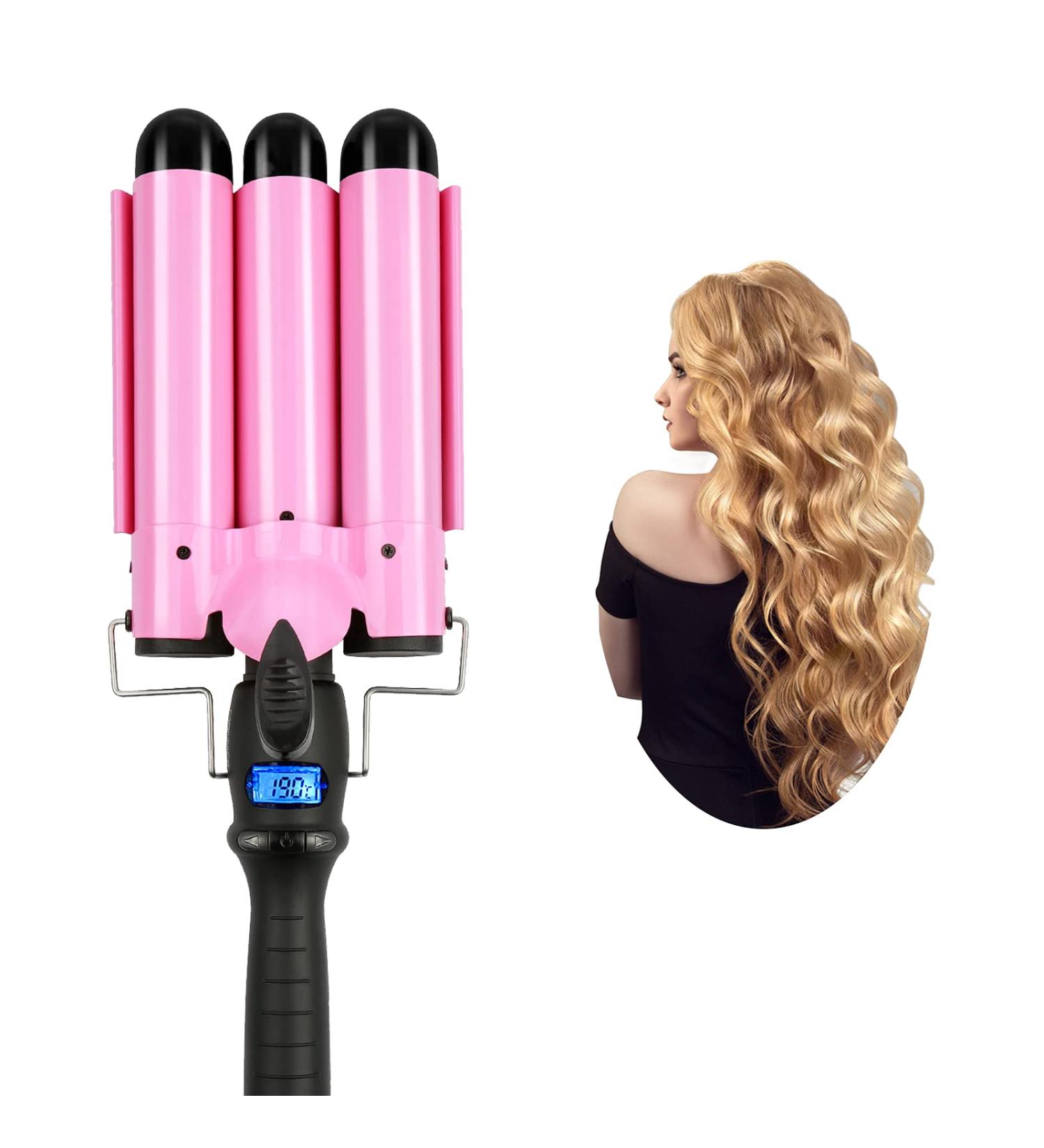 3 Barrel Curling Iron Wand 1.25 Inch | Hair Crimper & Waver with LCD Display | Ceramic Tourmaline | Dual Voltage | Adjustable Temperature - Buy Online on SooperMarket.com
