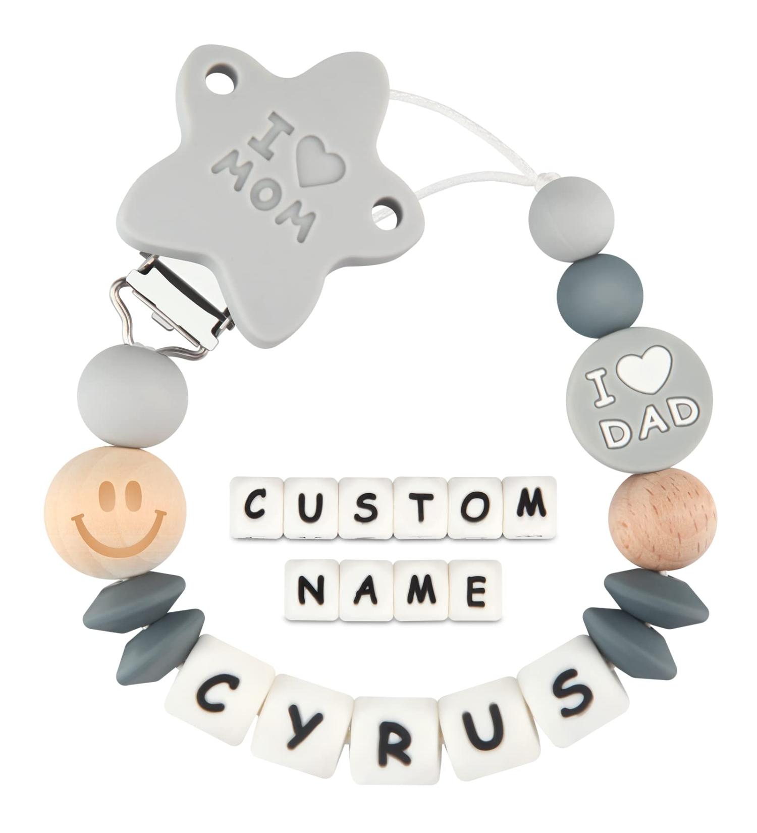 Kowlone Pacifier Chain with Name Boys Girls Personalized Mama Dad Pacifier Clips Holder (Gray) A: Mama Dad Gray
