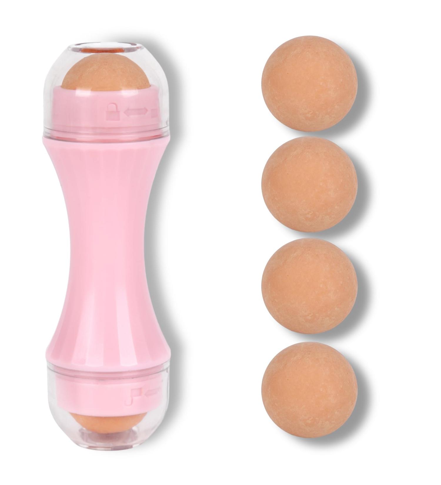 Oil-Absorbing Volcanic Face Roller - 4 Interchangeable Balls | Natural Volcanic Stone | Pink Face Scooter for Oily Skin - Buy Online on SooperMarket.com