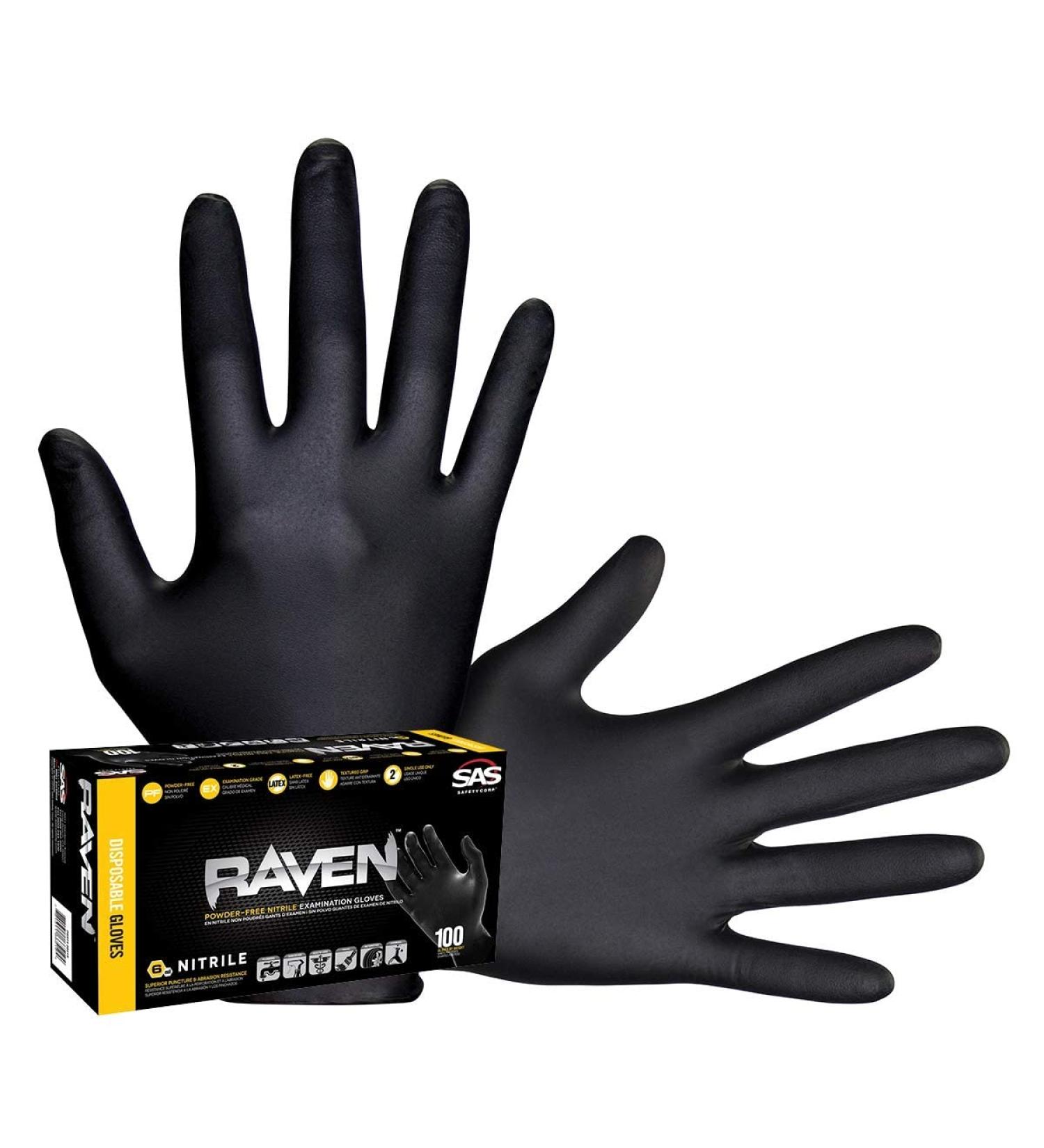 SAS Safety 66518 Raven Powder-Free Disposable Black Nitrile 6 Mil Gloves Large 100 Gloves by Weight(Pack of 1) 400