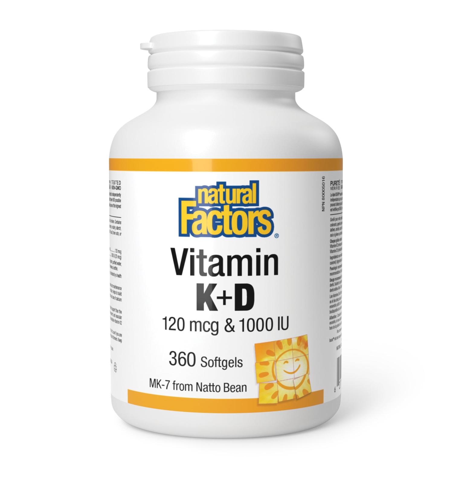 Natural Factors Vitamin K2+D3 120mcg & 1000iu 360 softgels MK-7 From Natto Bean Help build and maintain bone health. - Buy Online on SooperMarket.com