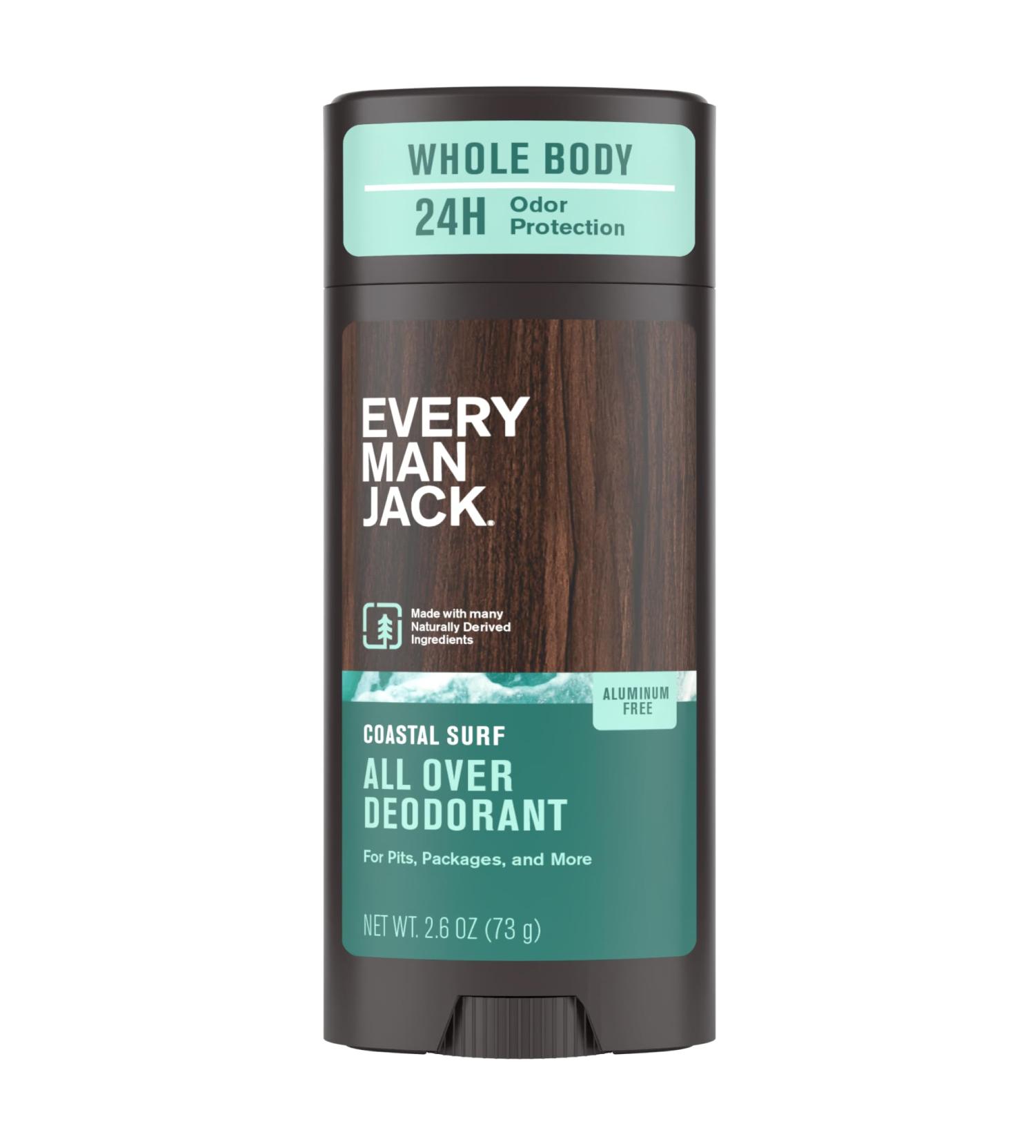 Every Man Jack All Over Deodorant - 24 Hour Whole Body Odor Protection - Aluminum Free - Coastal Surf Scent 2.6 oz (1 Pack) Coastal Surf 2.6 oz (Pack of 1) - Buy Online on SooperMarket.com
