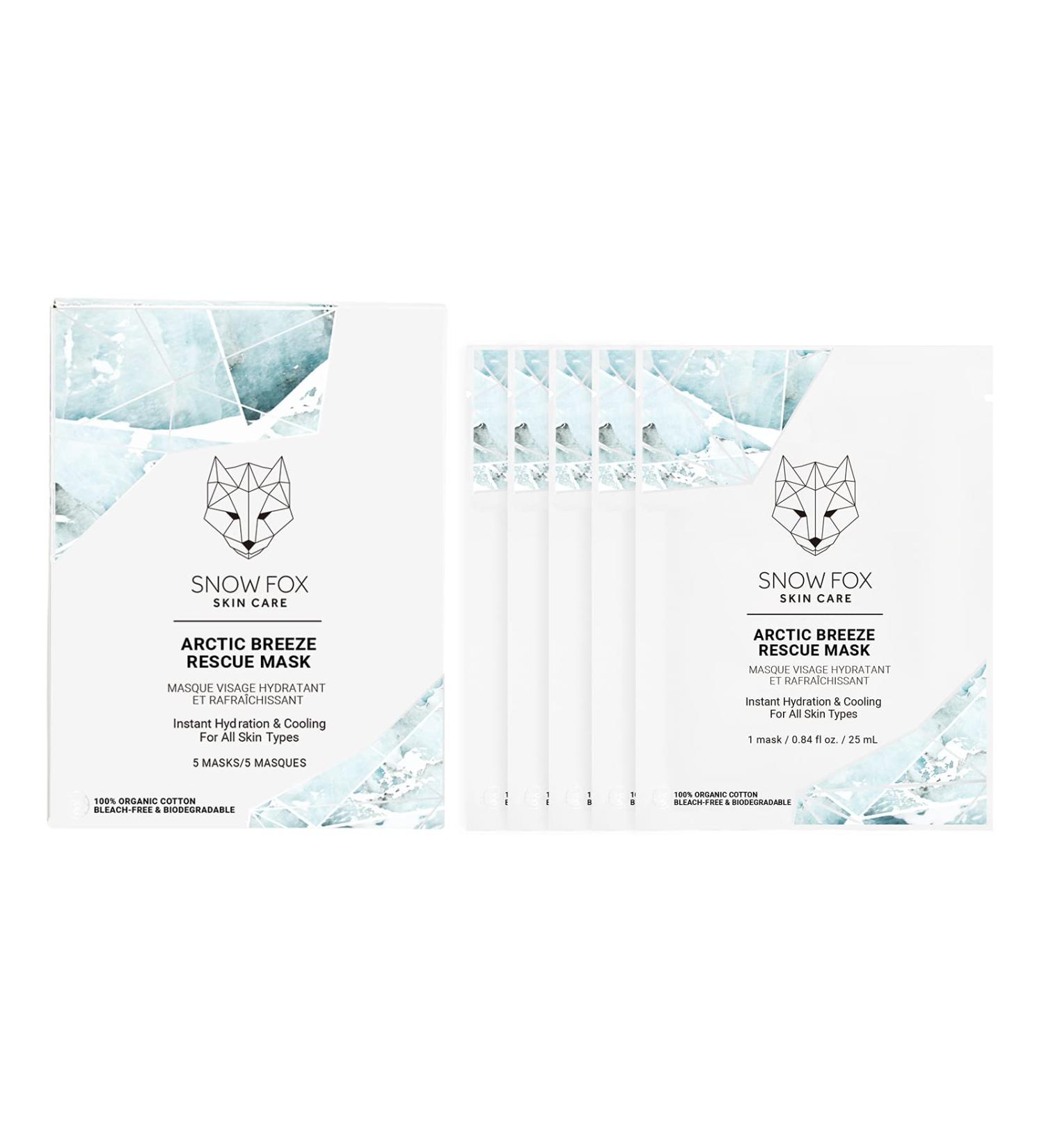 Snow Fox Skincare Arctic Breeze Rescue Mask - Hydrating Peppermint Oil & Aloe Vera for Skin Redness Relief | Post-Sun Recovery | Organic Cotton 5 Pack - Buy Online on SooperMarket.com