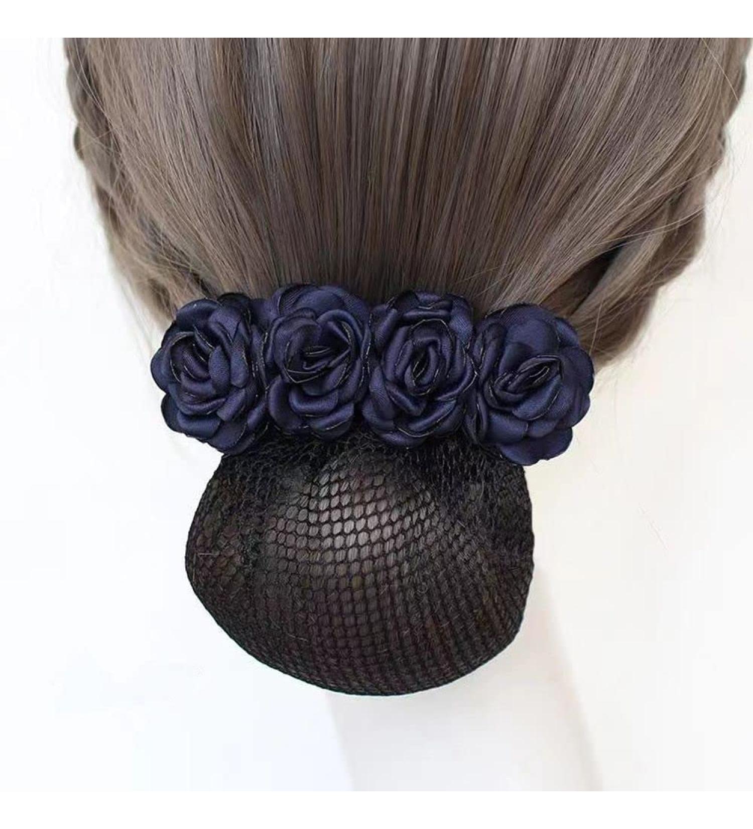 Rose Spring Clip Fine Net Navy Blue Bun Cover | Lace Hair Bun Bow Crochet Snood Hair Accessories for Women - Buy Online on SooperMarket.com