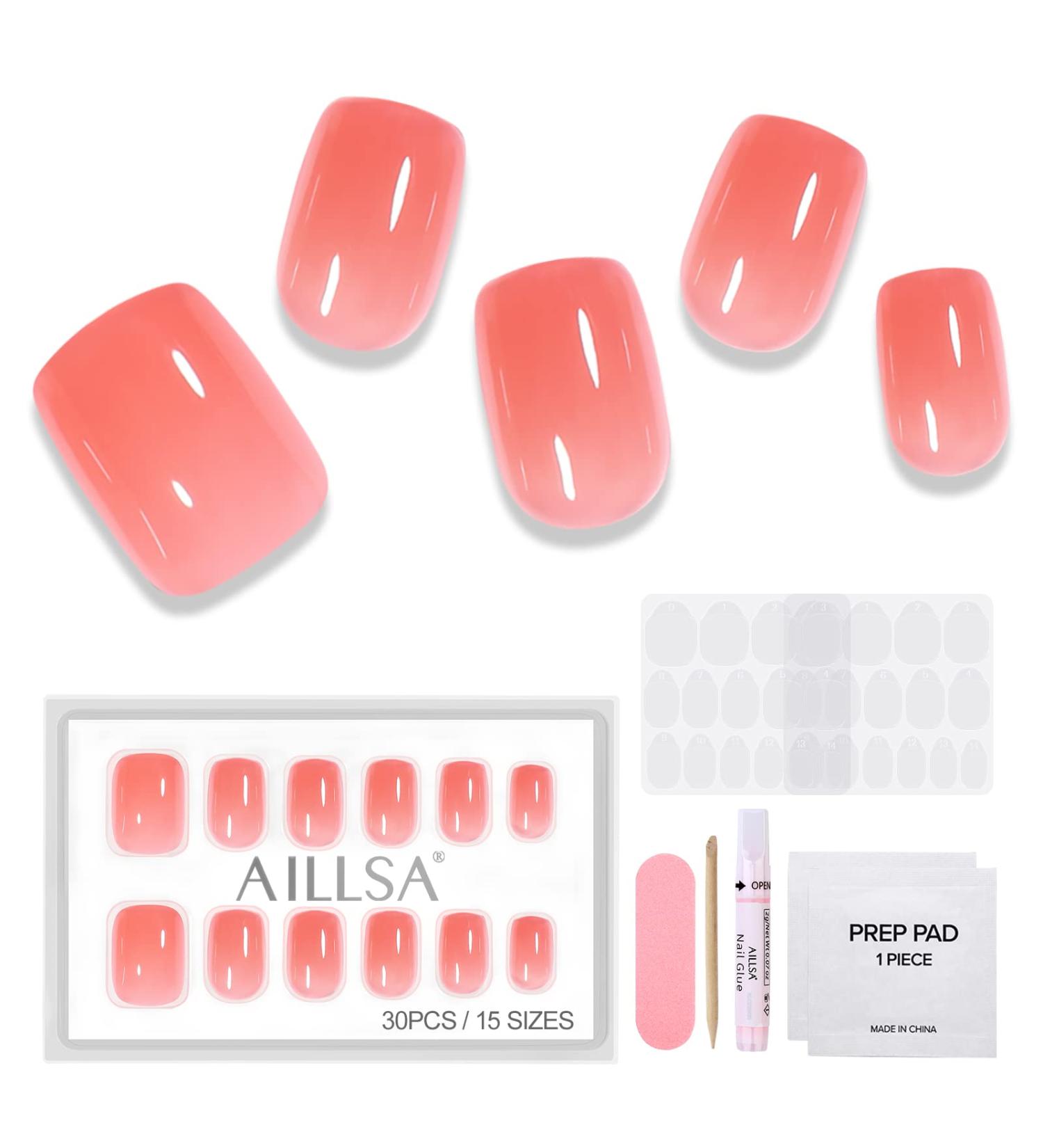 AILLSA Press On Nails - Short Glue On Fake Nails Set | 15 Sizes 37-Piece with Glue Grapefruit - Buy Online on SooperMarket.com