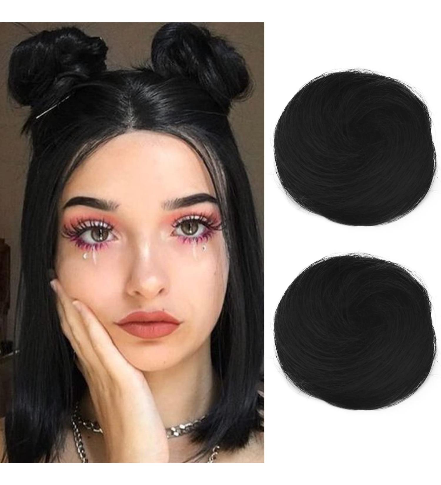 REECHO Space Bun Hair Pieces 2 PCS Mini Claw Clip in Messy & Cat Ears Fake Hair Bun Extensions Wig Accessory Updo Hairpieces for Women Girls (Pack of 2-3" Straight Natural Black) Pack of 2 - 3" Straight Natural Black - Buy Online on SooperMarket.com