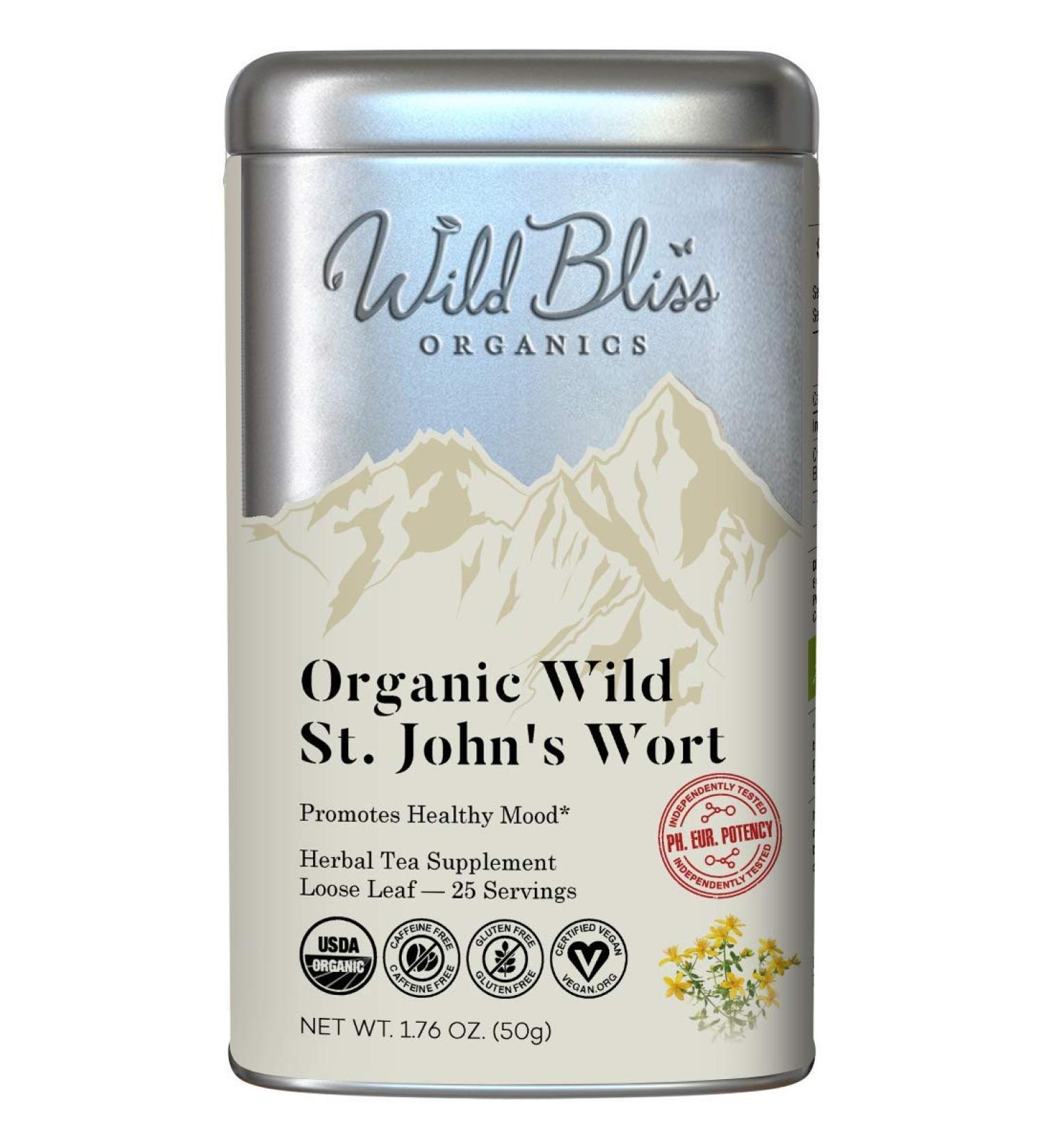 Wild Bliss Organic St Johns Wort Tea - Loose Leaf Herbal Supplement - 1.76 Oz - 25 Servings - Caffeine Free - High Pharmacopoeia Potency - Buy Online on SooperMarket.com