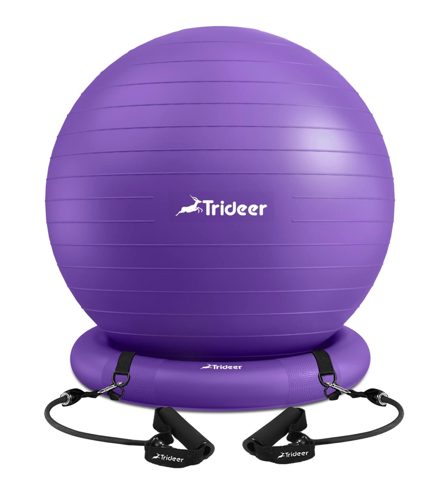 Trideer 65cm Purple Exercise Ball Chair with Base & Bands - Home Gym Workout & Back Pain Relief - Buy Online on SooperMarket.com