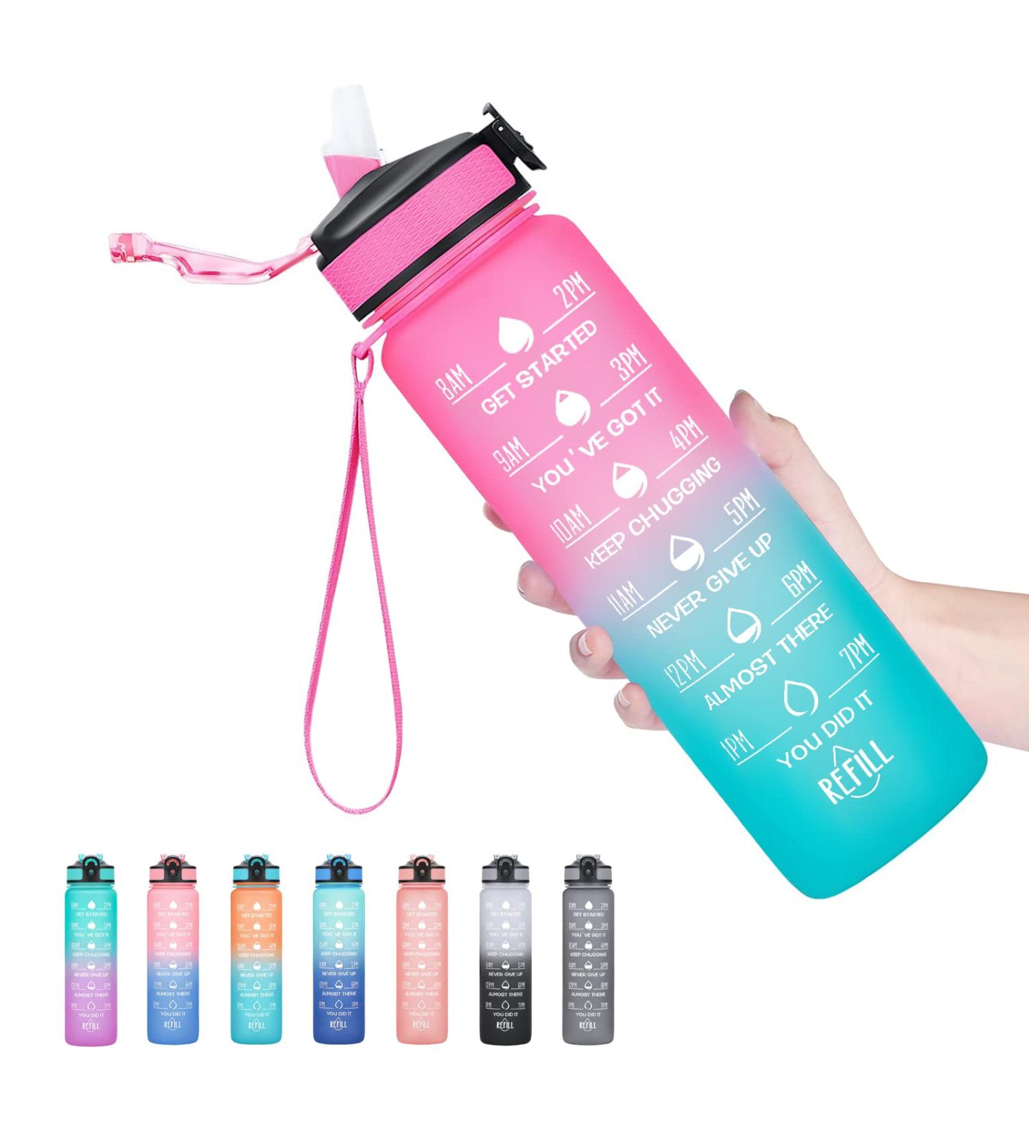 Hyeta 32oz Motivational Water Bottle with Time Marker & Straw - Pink-Green | Leakproof BPA-Free Sports Bottle for Fitness, Gym & Outdoor - Buy Online on SooperMarket.com