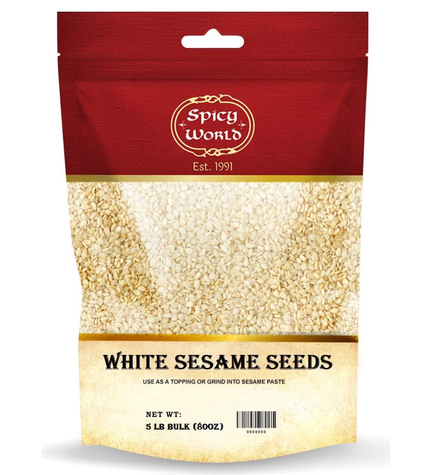 Spicy World White Sesame Seeds 5 lb Bulk Bag - Hulled Till for Quality and Freshness - Buy Online on SooperMarket.com