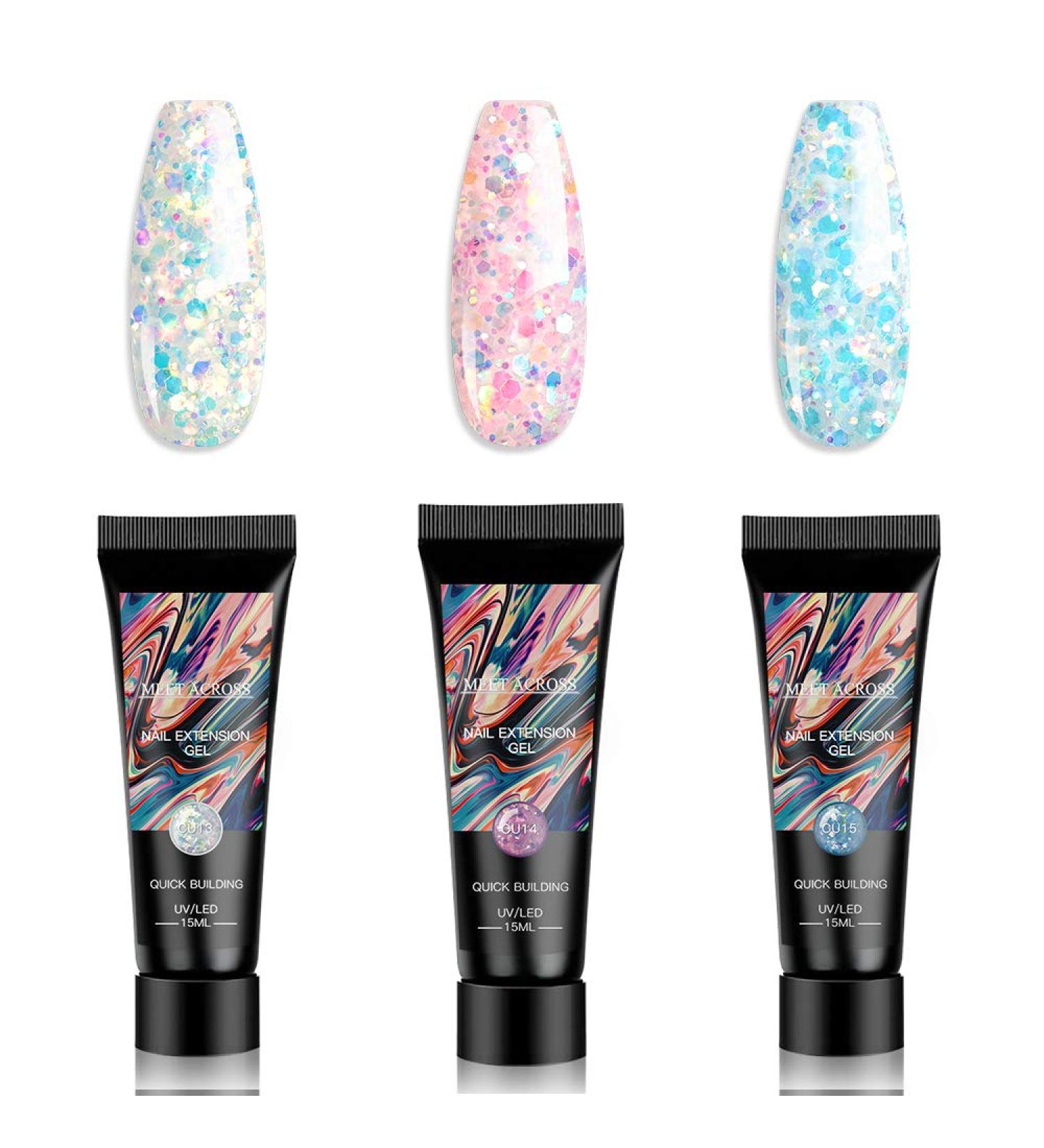 MEET ACROSS Glitter Poly Nail Extension Gel Kit - 3 Colors Builder Set for Quick Building Nail Extensions at Home - Silver, Pink, Blue - Buy Online on SooperMarket.com
