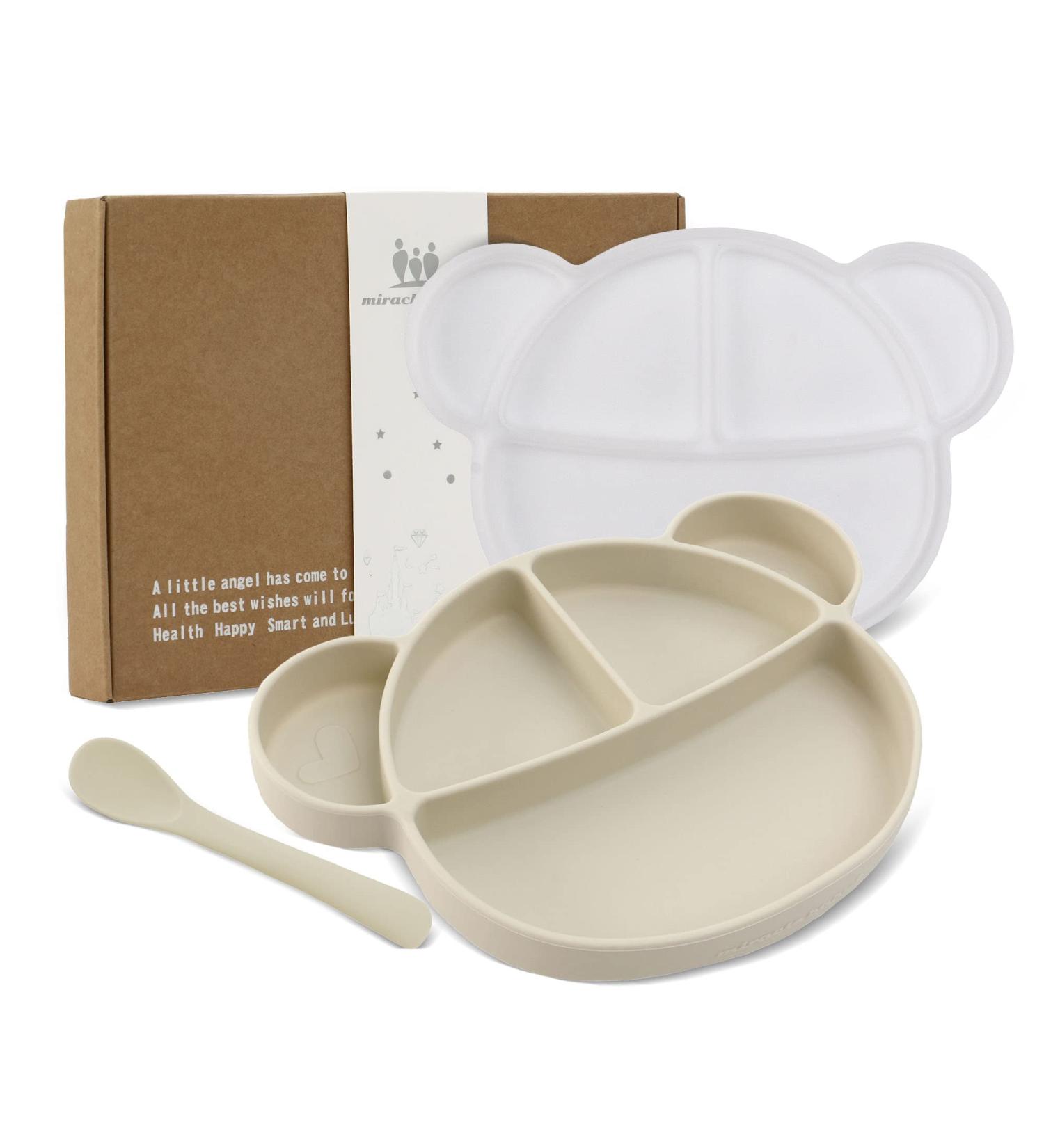 Silicone Baby Suction Plate with Lid, Spoon & Divided Sections - BPA Free & Dishwasher Safe - Toddler Self Feeding Dinnerware Set in White - Buy Online on SooperMarket.com