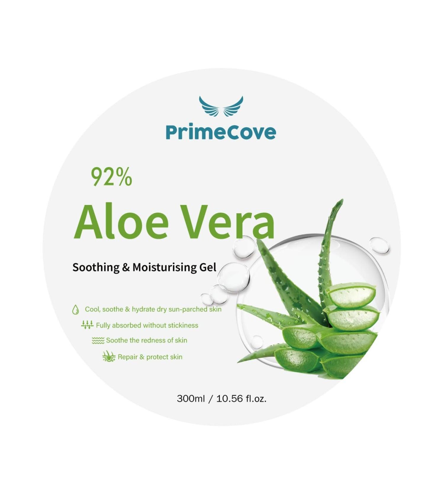 PrimeCove - 92% Aloe Vera Gel (300ml) | Soothing & Cooling | For Hair Face & Body | Fast-Absorbing Moisturiser | Skin-Firming & Protective | All Skin Types - Buy Online on SooperMarket.com