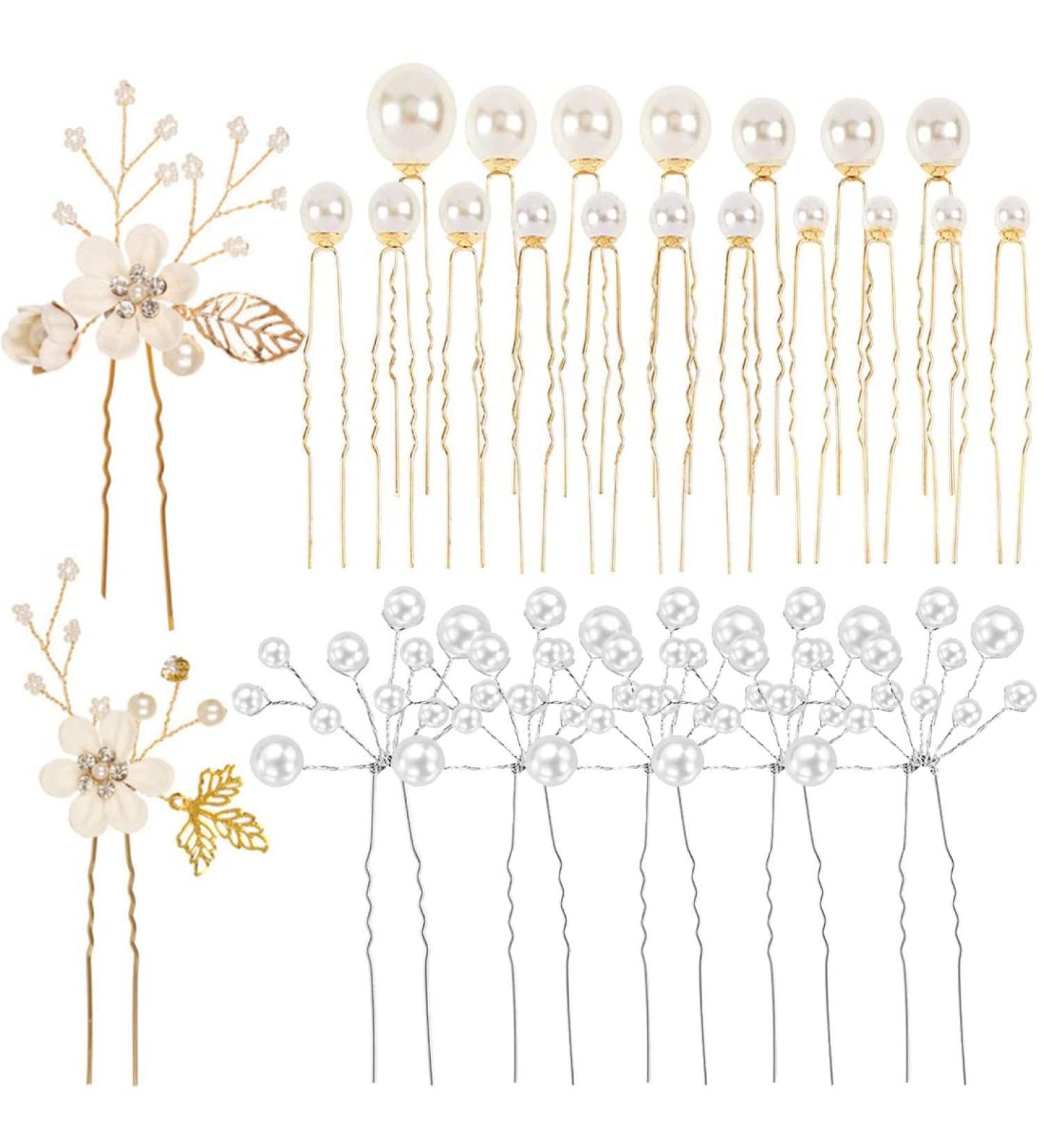 25 Pack Flower Leaf Pearl Bridal Hair Pins Clips - U-Shaped Barrettes with Rhinestone Crystal - Wedding Hair Accessories for Women, Girls, Brides - Buy Online on SooperMarket.com