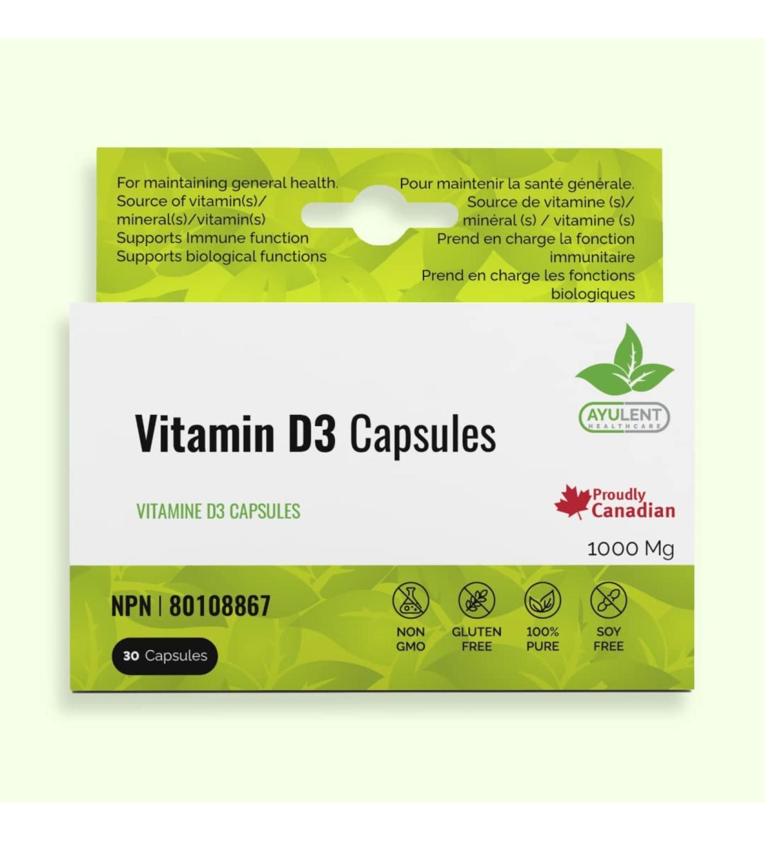 Ayulent Vitamin D3 1000IU Capsules for strong bones and immunity| 100% Vegan Non-GMO Capsules | Contains Vitamin D that helps improve skin & hair problems in addition to overall health benefits.| For Adults 30 capsules (Pack of 1) - Buy Online on SooperMarket.com