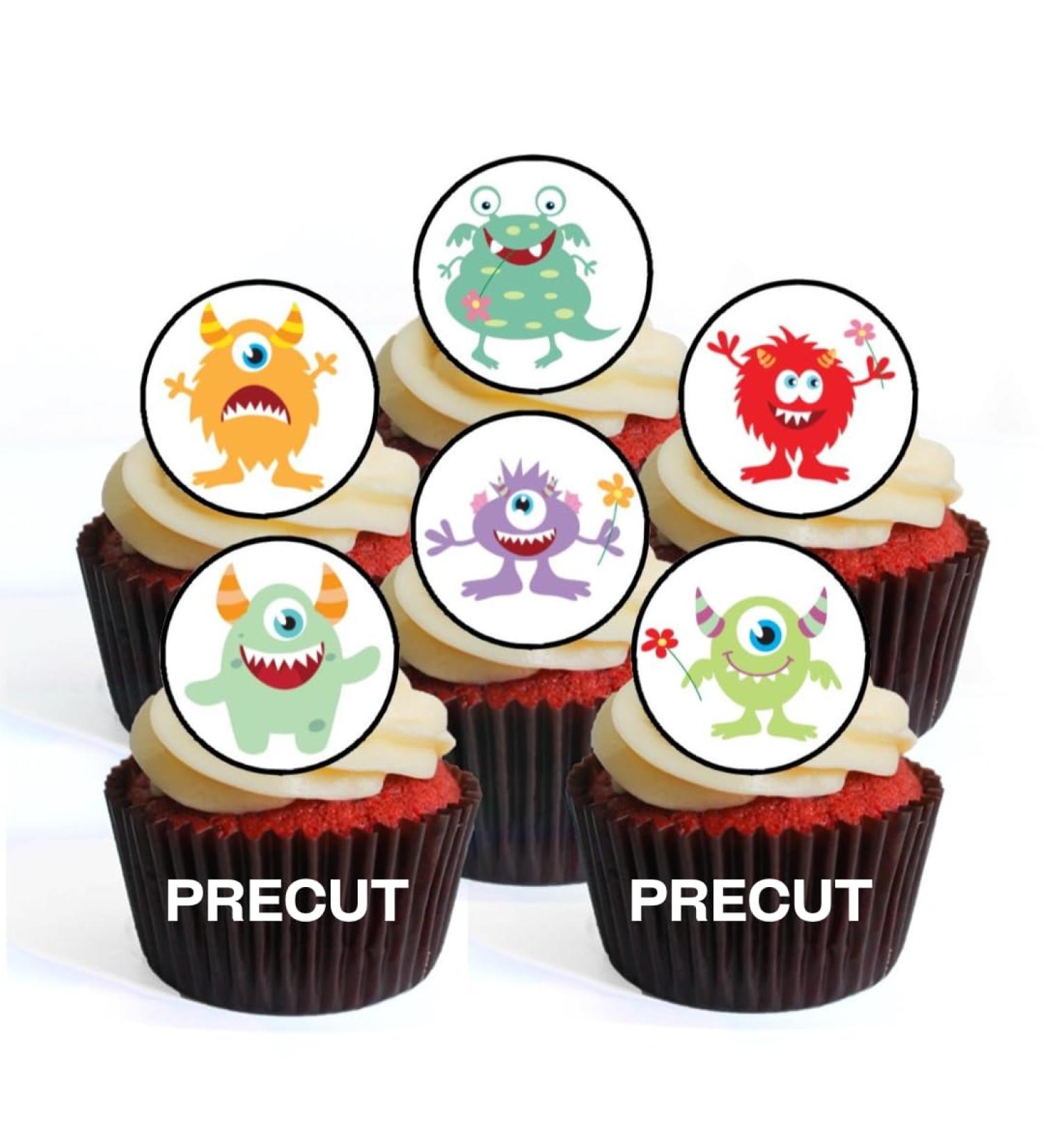 PRECUT Monsters Edible Cupcake Toppers - Cute Monsters Theme Premium Thickness SWEETENED VANILLA - wafer card disc cake decorations (Pack of 24) - Buy Online on SooperMarket.com