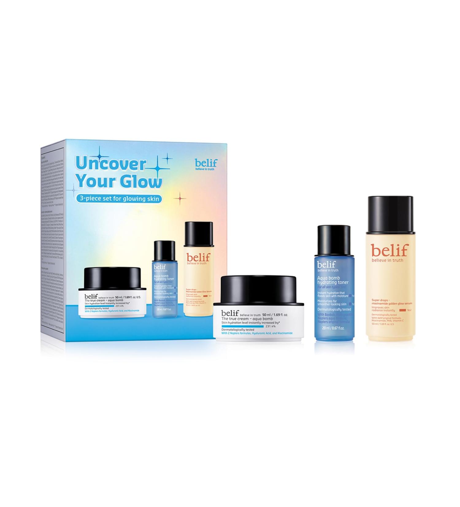 Buy belif Uncover Your Glow Set - Aqua Bomb Moisturizer Niacinamide Vitamin C Serum & Hydrating Toner | All Skin Types | Premium Korean Skin Care - Buy Online on SooperMarket.com