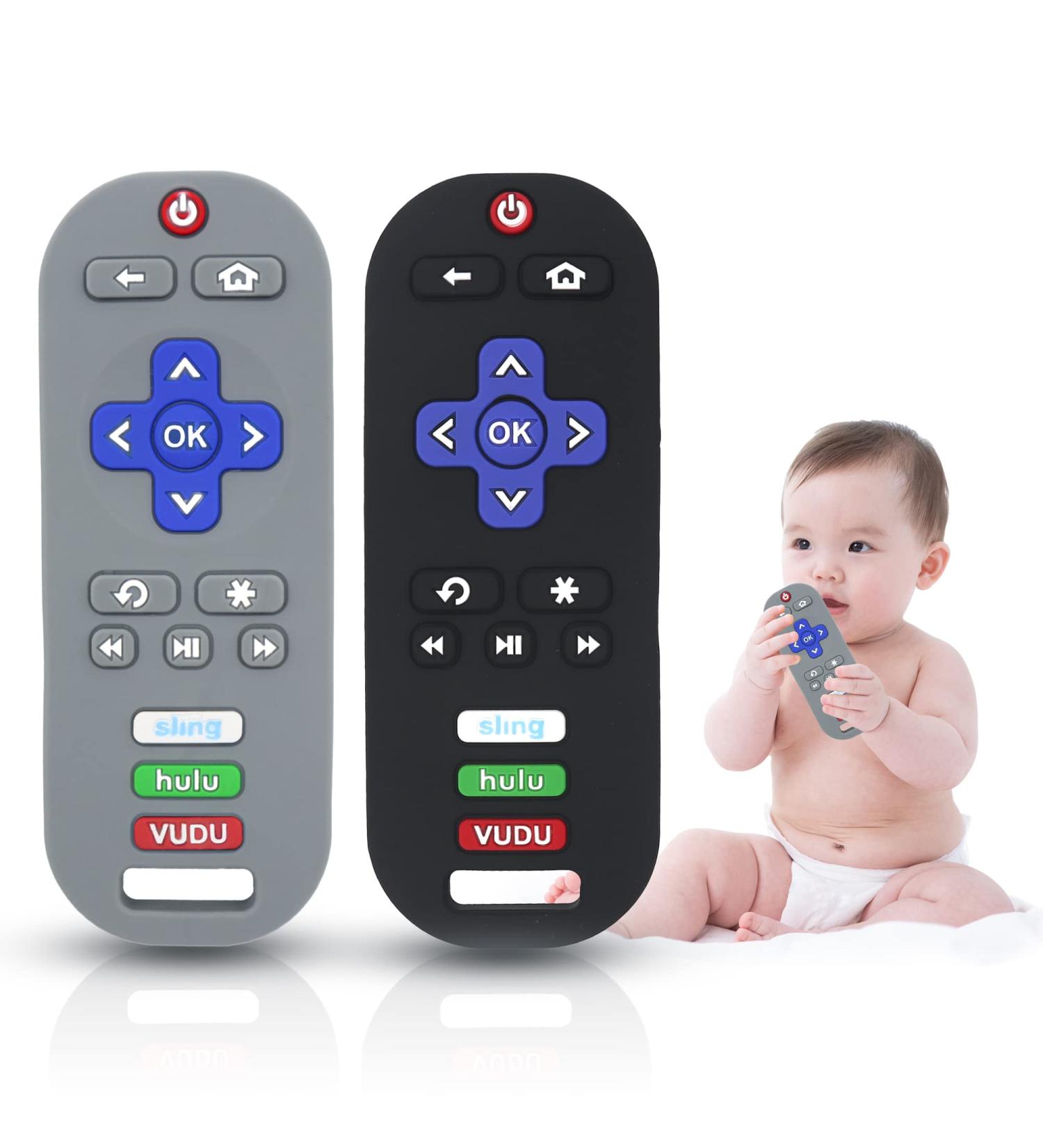 2 Pack TV Remote Control Shape Teething Toys for Babies 3-12 Months - Silicone Infant Chew Toys in Black/Grey - Buy Online on SooperMarket.com