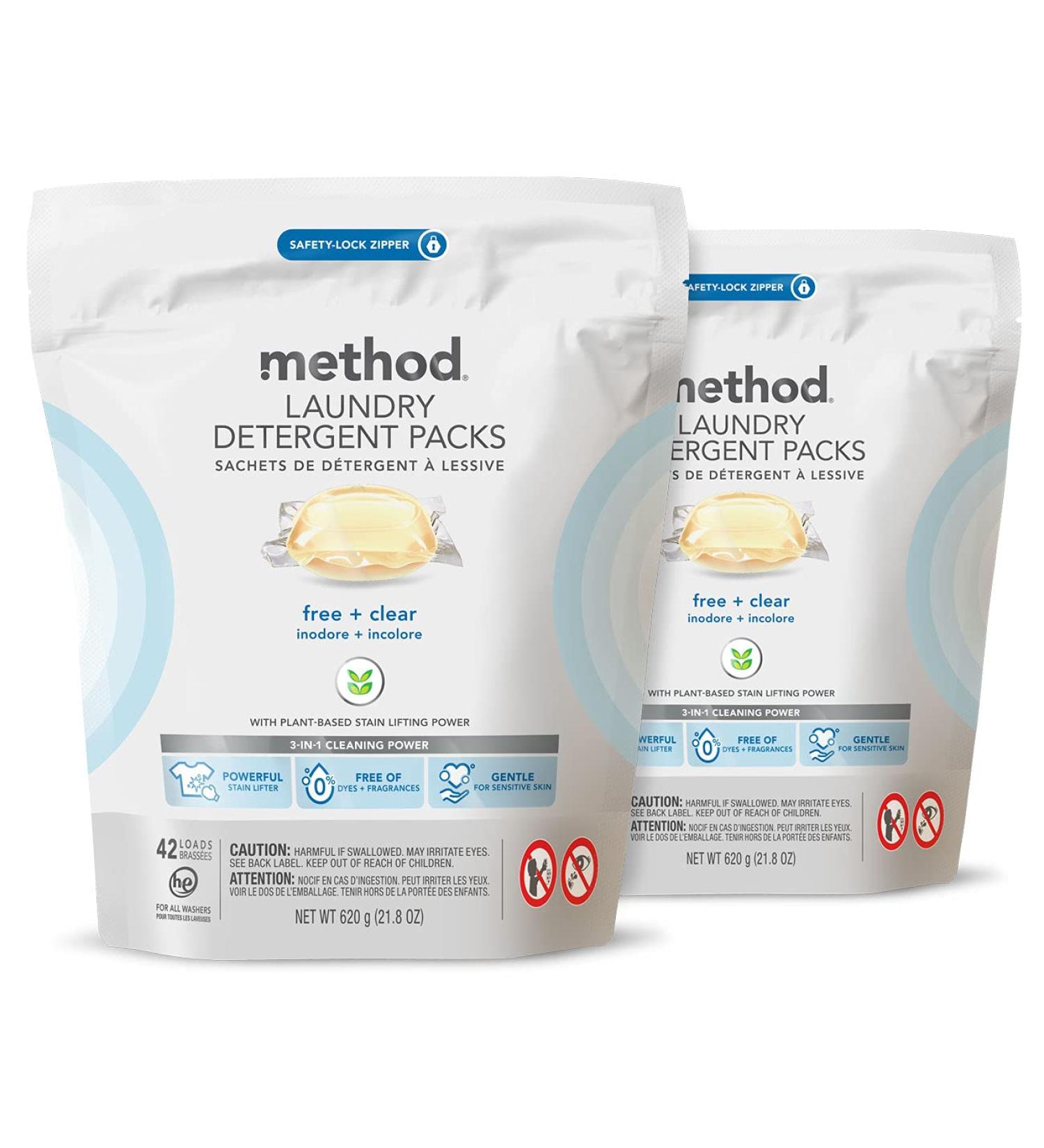 Method Laundry Detergent Packs - Fragrance Free, Hypoallergenic & Plant-Based Stain Remover - 42 Packs per Bag (Pack of 2) - Buy Online on SooperMarket.com