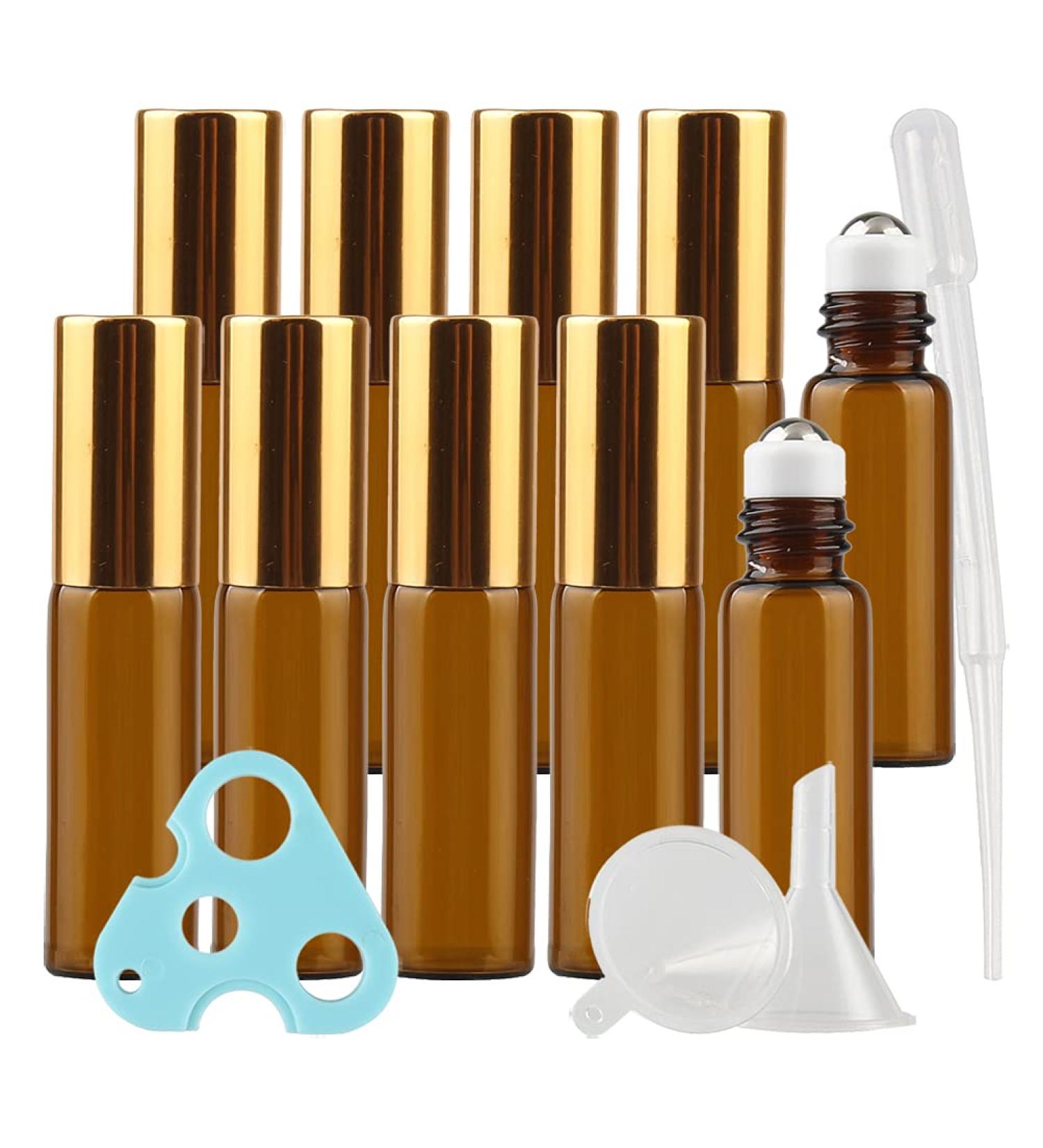 Tianzd 20 Pack 5ml Amber Roller Bottles - Essential Oil Glass Rollers with Gold Caps & Funnel Opener - Perfect for DIY Aromatherapy - Buy Online on SooperMarket.com