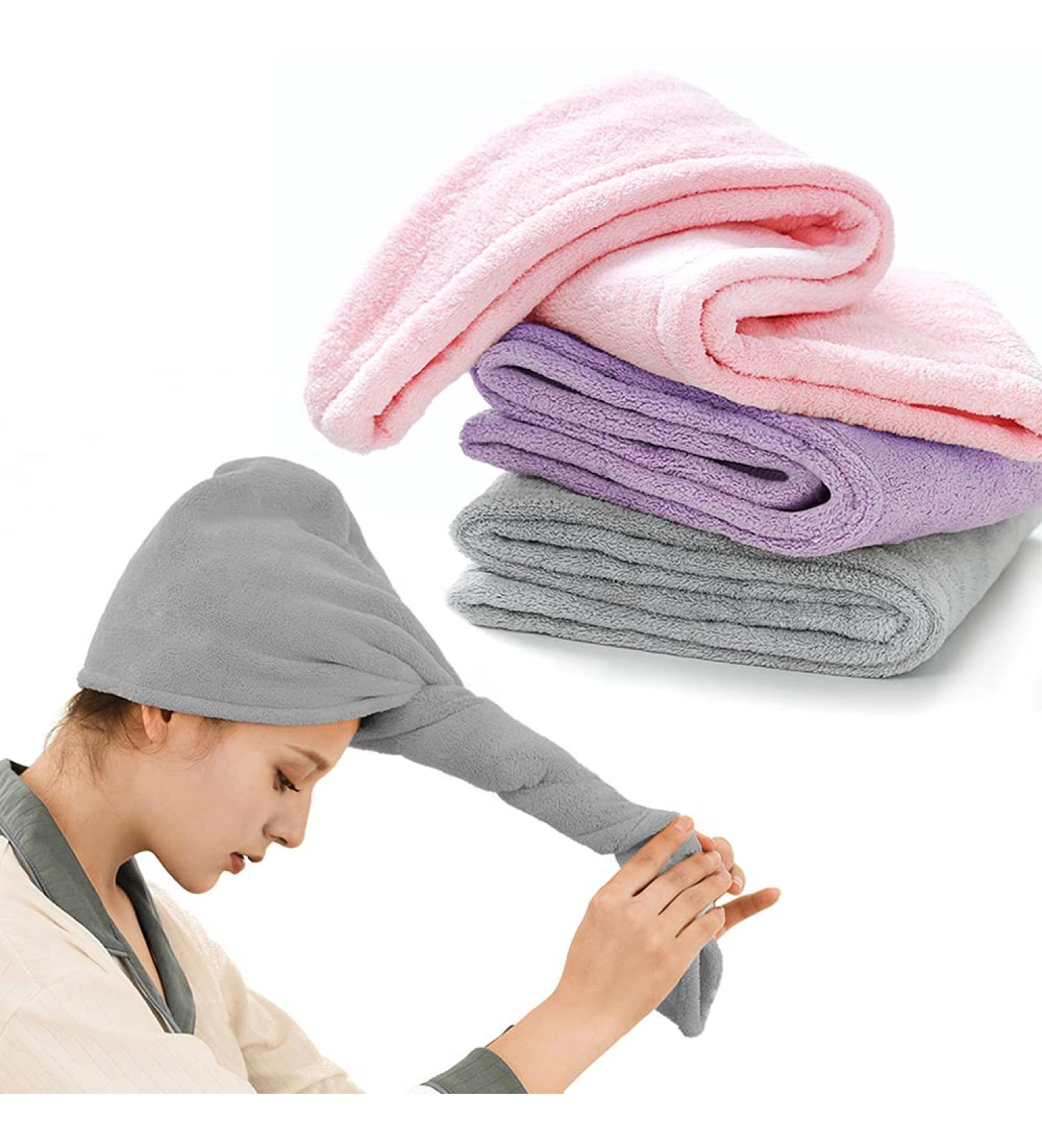 3pcs Hair Towel Wrap Set - Button Drying Towel Hat for Women with Long Hair (Pink Purple Gray) - Buy Online on SooperMarket.com