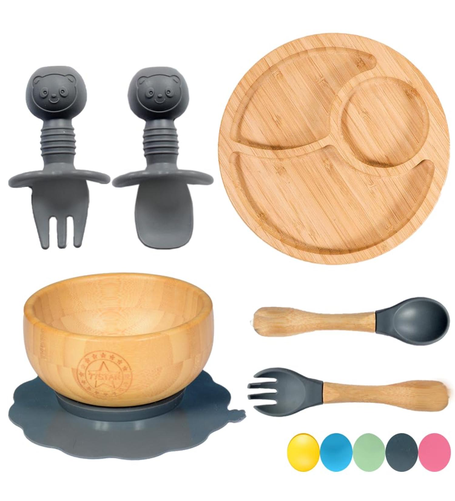 77 Star Bamboo Baby Weaning Set - Suction Bowl, Plate, Spoon & Fork | Non-Slip Baby Feeding Set with Detachable Suction Base | Grey Color - Buy Online on SooperMarket.com