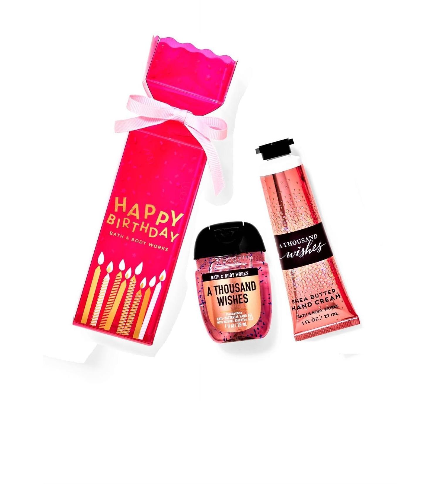 A Thousand Wishes Travel Gift Set - Hand Gel and Hand Cream Arranged Inside a Small Festive Happy Birthday Gift Box