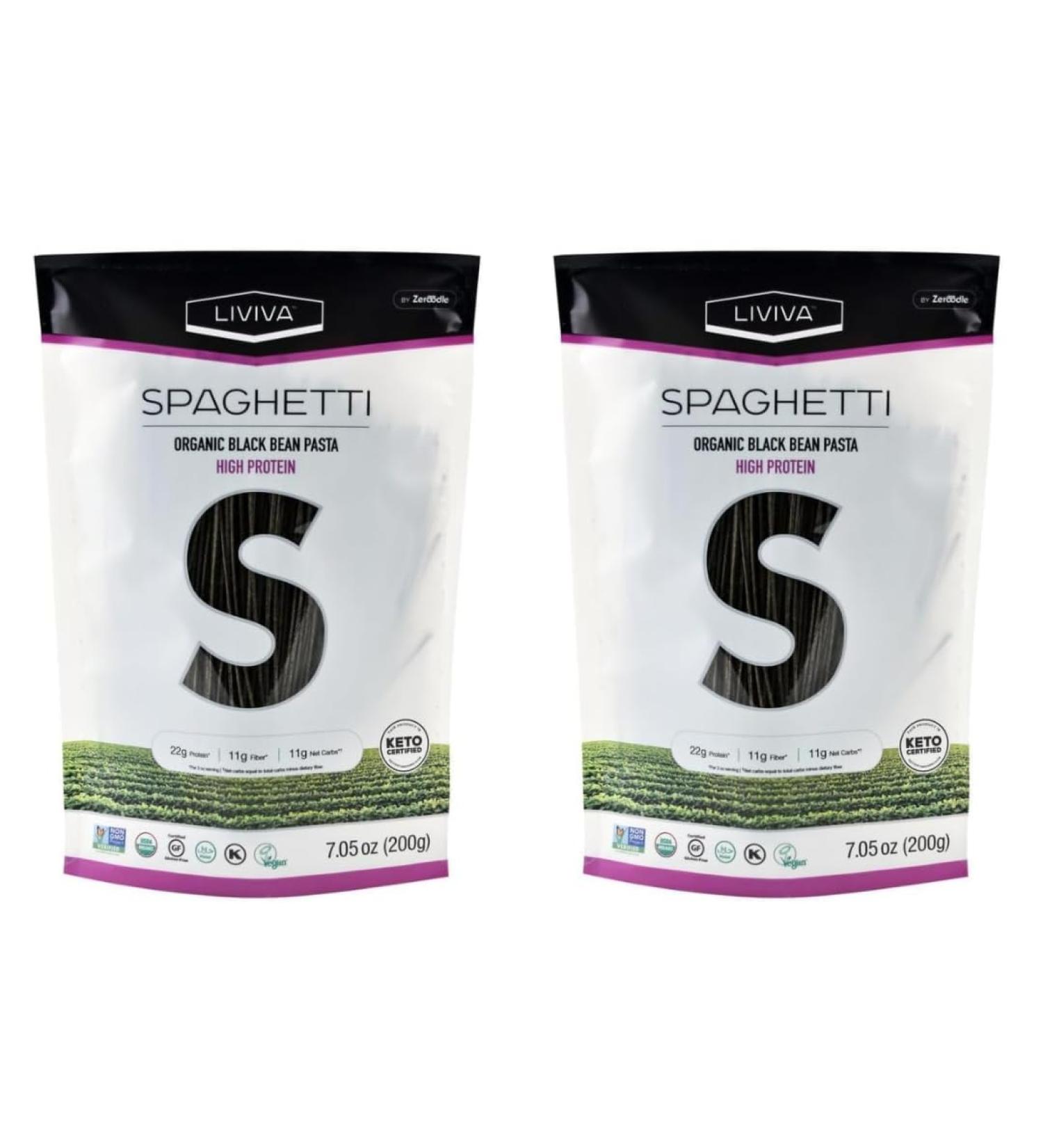 LIVIVA Organic Gluten Free Black Bean Spaghetti Noodle Pasta (2 Pk) 88 g Protein Bag - Certified Plant-Based Non-GMO Kosher Halal Vegan Keto Nutritious Pasta Plant-Based Protein Ready-to-Eat in minutes - Buy Online on SooperMarket.com