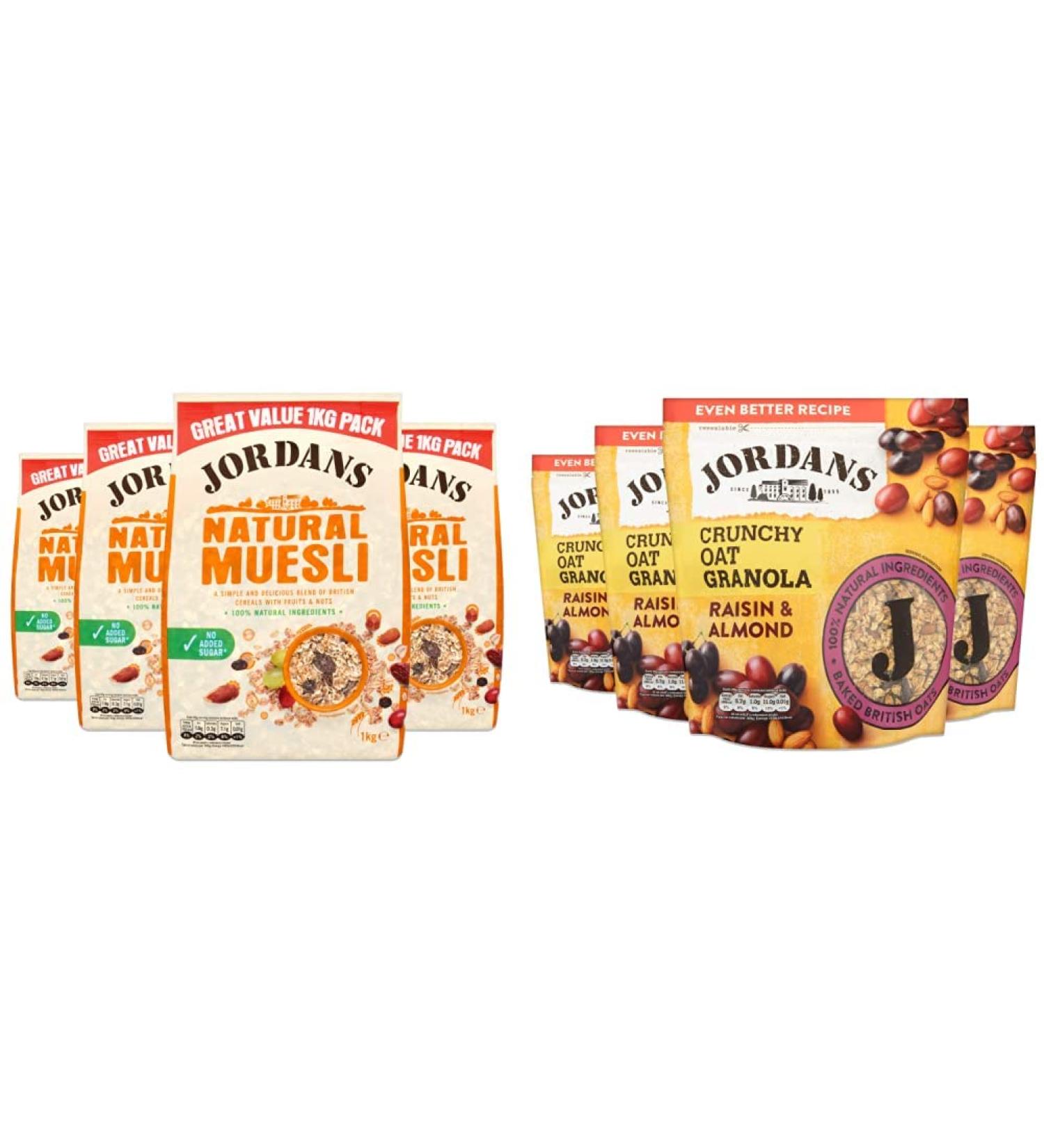 Jordans Natural Muesli | Breakfast Cereal | Vegetarian | High Fibre | 4 PACKS of 1 kg & Granola Raisin and Almond | Breakfast Cereal | High Fibre | 4 PACKS of 750 g Natural Muesli + Granola Raisin and Almond - Buy Online on SooperMarket.com