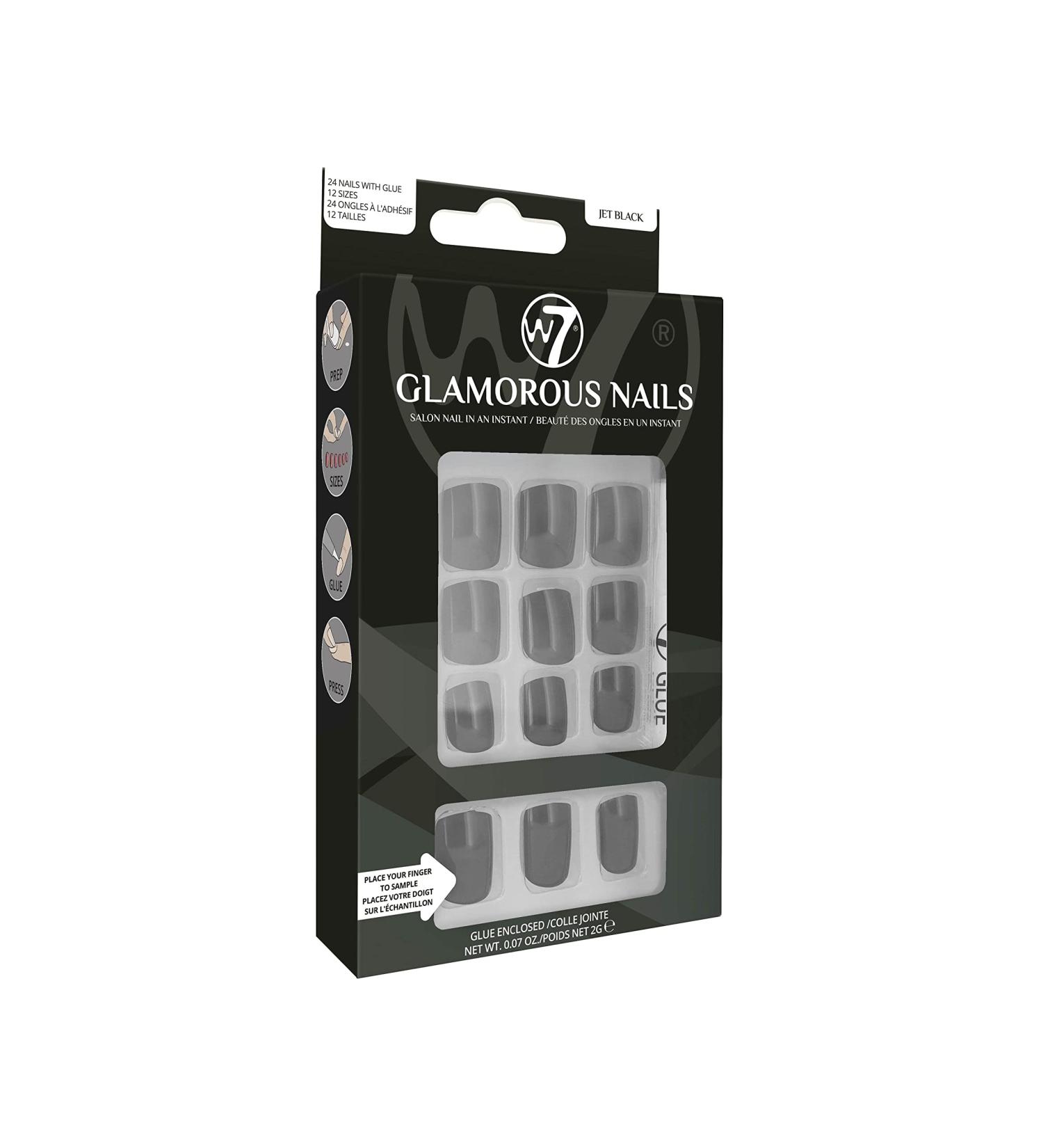 W7 Glamorous Nails - Salon Professional False Nails At Home - Glue Adhesive Included - Square Oval Shape - Jet Black - Buy Online on SooperMarket.com