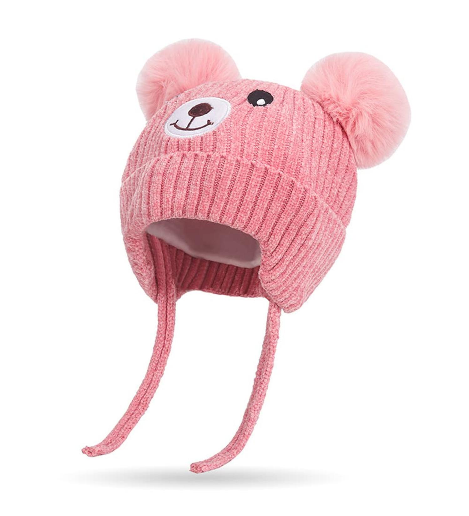 Cute Bear Kids Winter Hat | Dual Pom-Pom Ear Flaps | Fleece Lined Earflap Cap for Boys & Girls 1-5 Years | Chenille Knitted Warm Hat | Toddler Cold Weather Beanie - Pink - Buy Online on SooperMarket.com