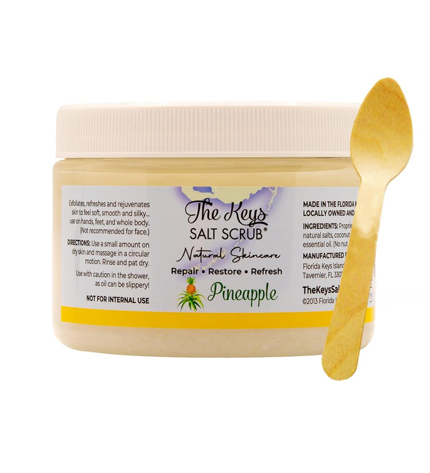 Keys Salt Scrub - Exfoliating Sea Salt Body Scrub for Men and Women | Hand and Foot Scrub with Pure Florida Sea Salt and Organic Pineapple Essential Oil | Includes Wooden Spoon | 12 oz - Buy Online on SooperMarket.com