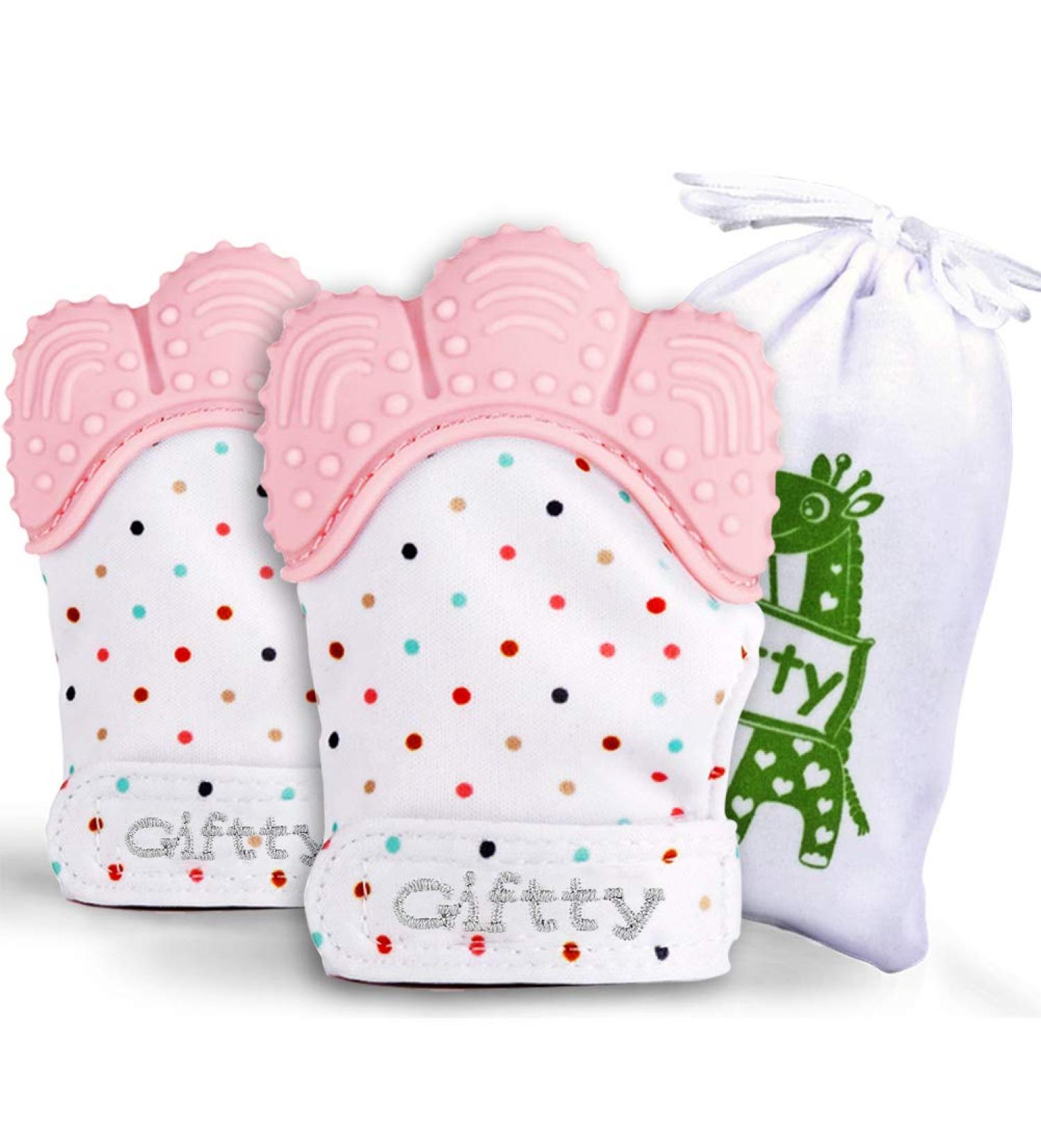 Baby Teething Mittens - Self-Soothing Pain Relief Toy for 3-12 Months Baby - Prevent Scratches Protection Glove - Pink (1 Pair) - Buy Online on SooperMarket.com
