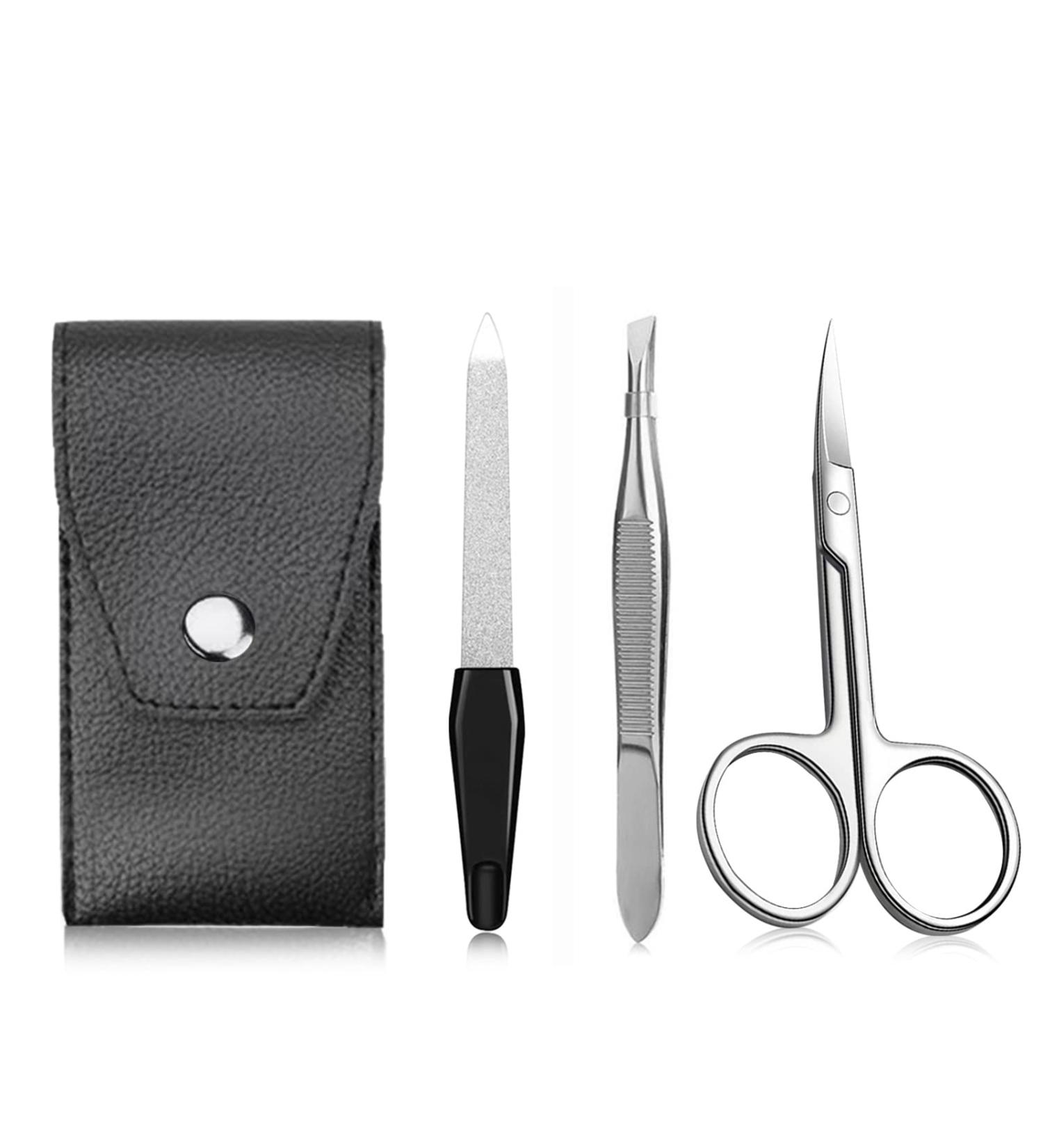 3-Part Manicure Set | Stainless Steel Nail Scissors Files & Tweezers | Nail Care Kit with Leather Case for Men & Women - Black - Buy Online on SooperMarket.com