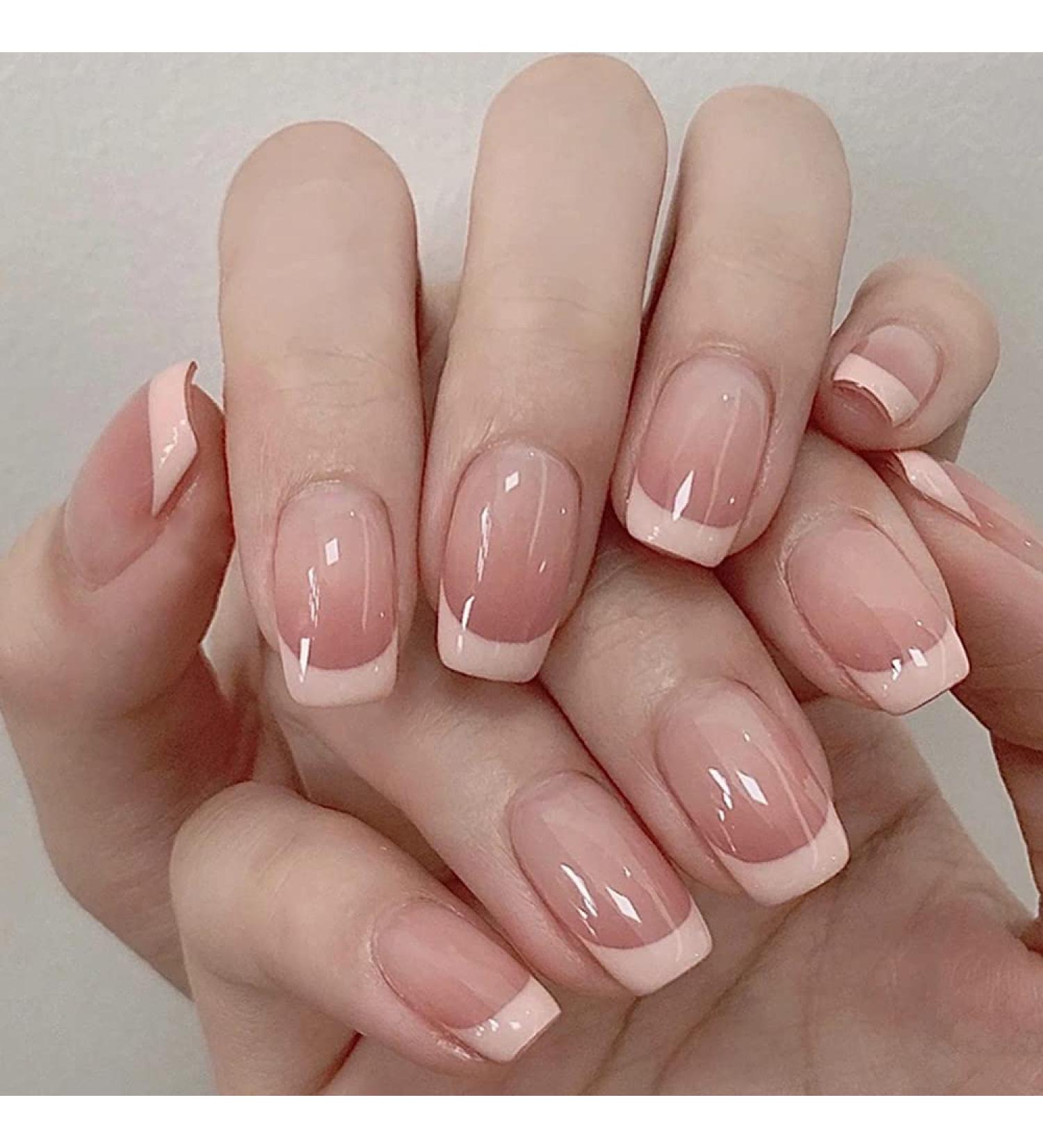 French Square Press on Fake Nails - 24Pcs Pink Gradient Full Cover Short Acrylic False Nails for Women and Girls - Buy Online on SooperMarket.com