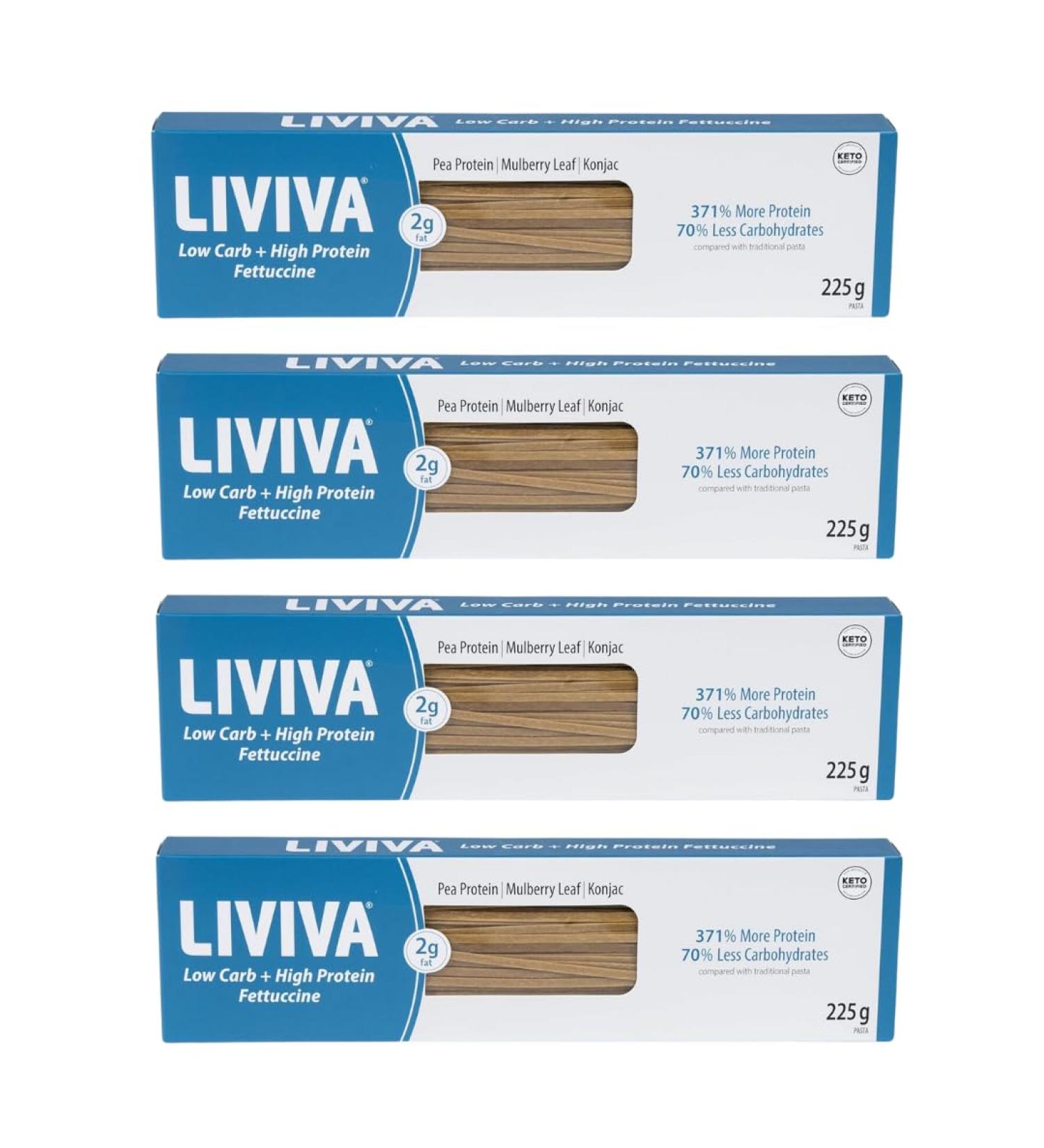 LIVIVA Low Carb High Protein KETO Fettuccine Pasta - 27g of Protein 8g Net Carbs Diabetic-Friendly - Made with Pea Protein Mulberry Leaf and Konjac (Pack of 4) Pack of 4 - Fettuccine 225g (Pack of 4) - Buy Online on SooperMarket.com