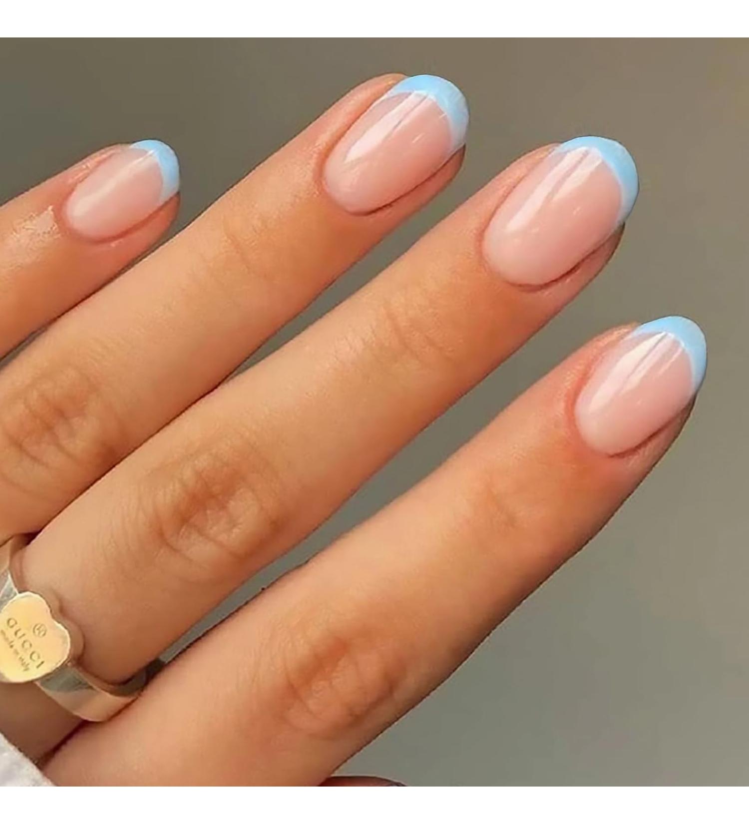 MISUD Short Oval Press on Nails - Glossy Blue French Tip Acrylic Nails - 24 pcs Round Artificial Summer False Nails - Buy Online on SooperMarket.com