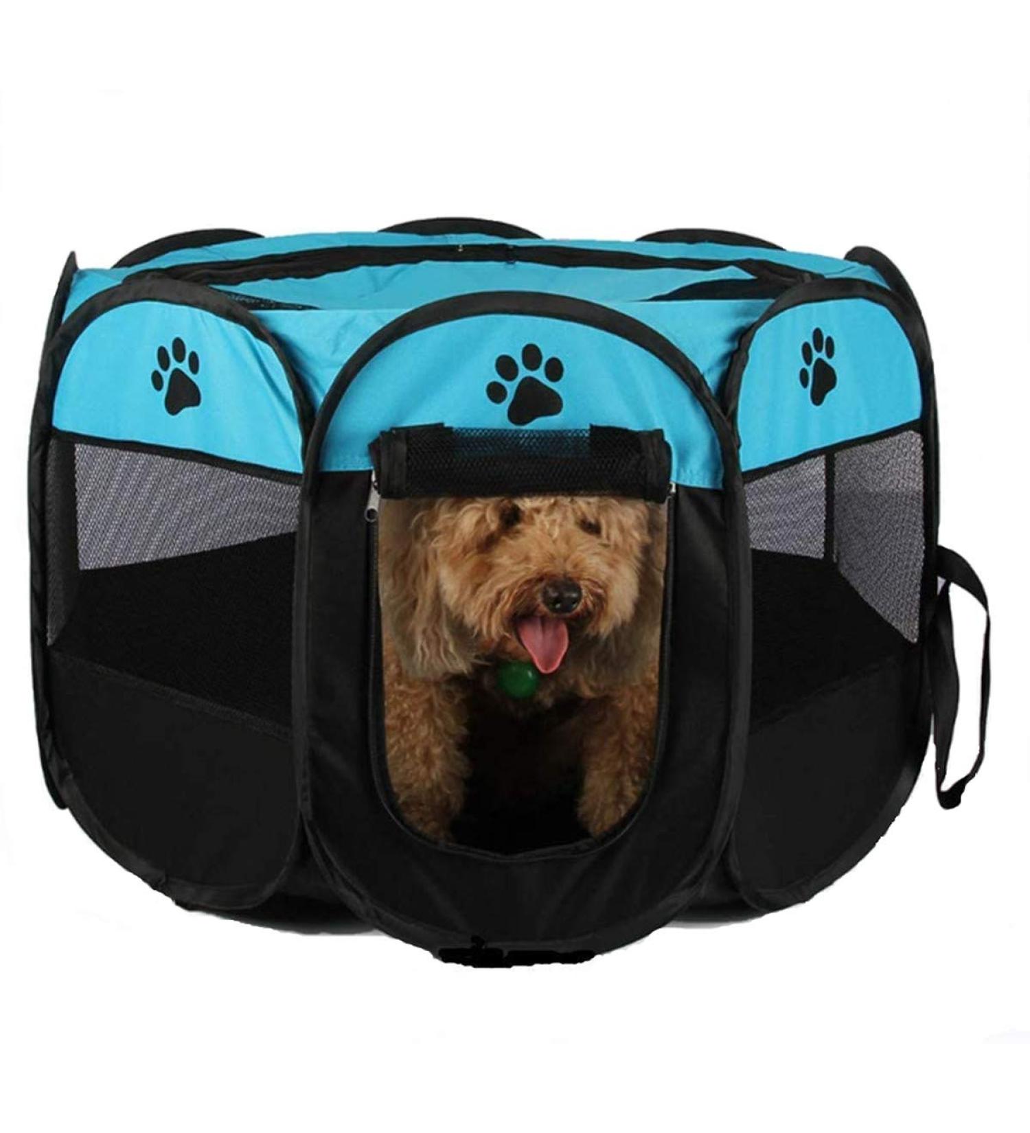 Blumoo Portable Pet Playpen - Indoor/Outdoor Foldable Dog Playpen with Mesh Shade Cover | Travel Dog Play Tent for Puppies/Cats/Rabbits - Blue (S 28x28x18) - Buy Online on SooperMarket.com