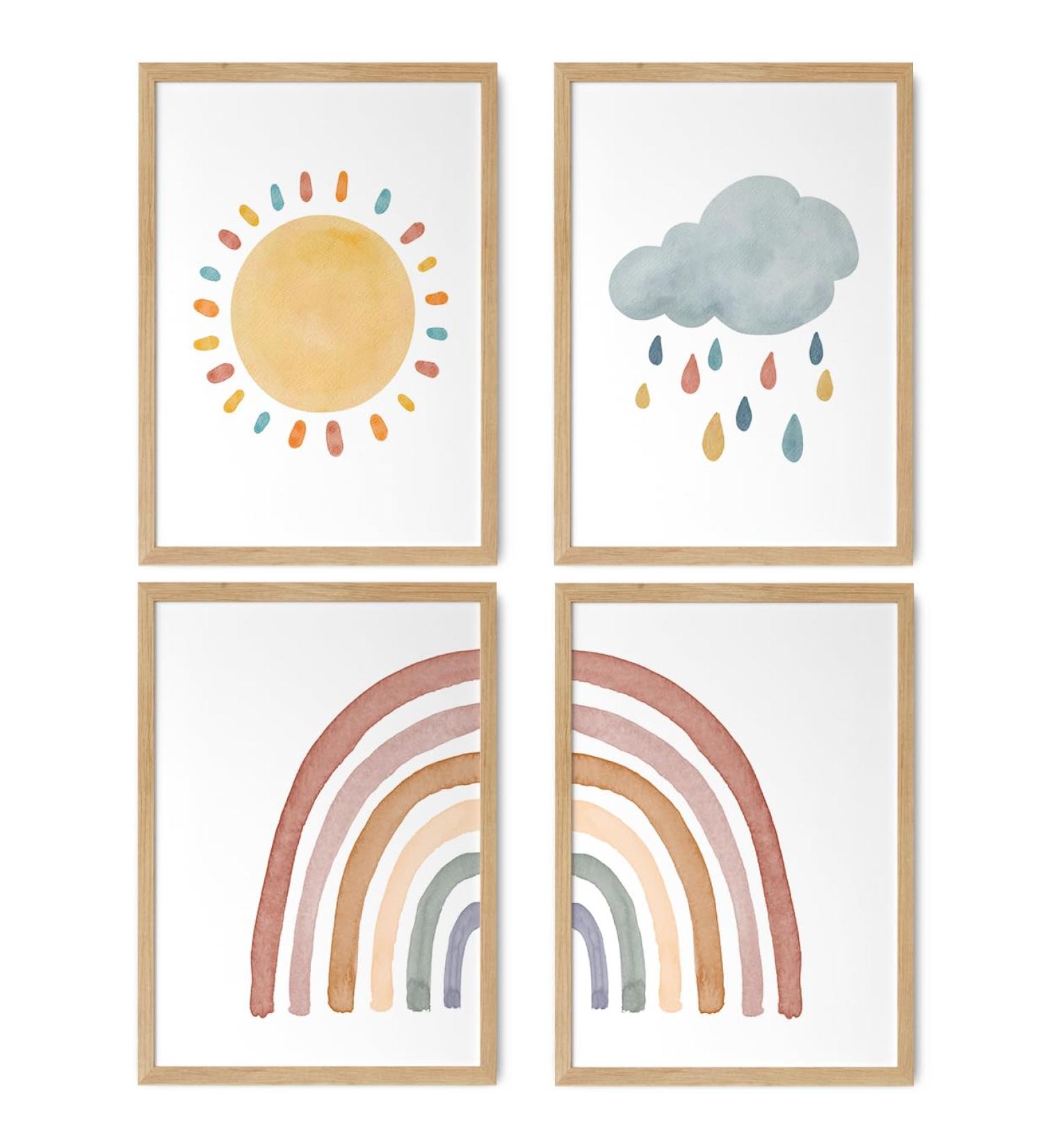 Happyarts A4 Poster Set - Hand-Painted Boho Sun Rainbow & Cloud Decor for Kids' Room | Perfect Baby Room Wall Art - Buy Online on SooperMarket.com