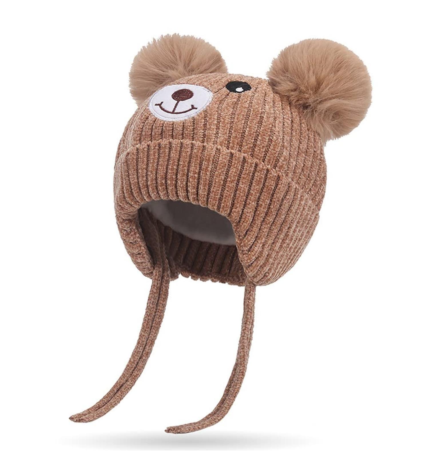 Cute Bear Kids Winter Hat | Ear Flaps, Dual Pom-Pom | Toddler Fleece Lined Earflap Cap - Khaki - Buy Online on SooperMarket.com