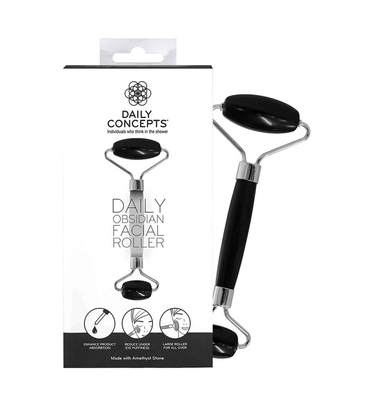 Daily Concepts Daily Facial Roller with Two Stone Heads: Small Stone for Under Eye Area, Large Stone for Entire Face - Jade, Rose Quartz, Obsidian, Amethyst, Opal (Obsidian) - Buy Online on SooperMarket.com