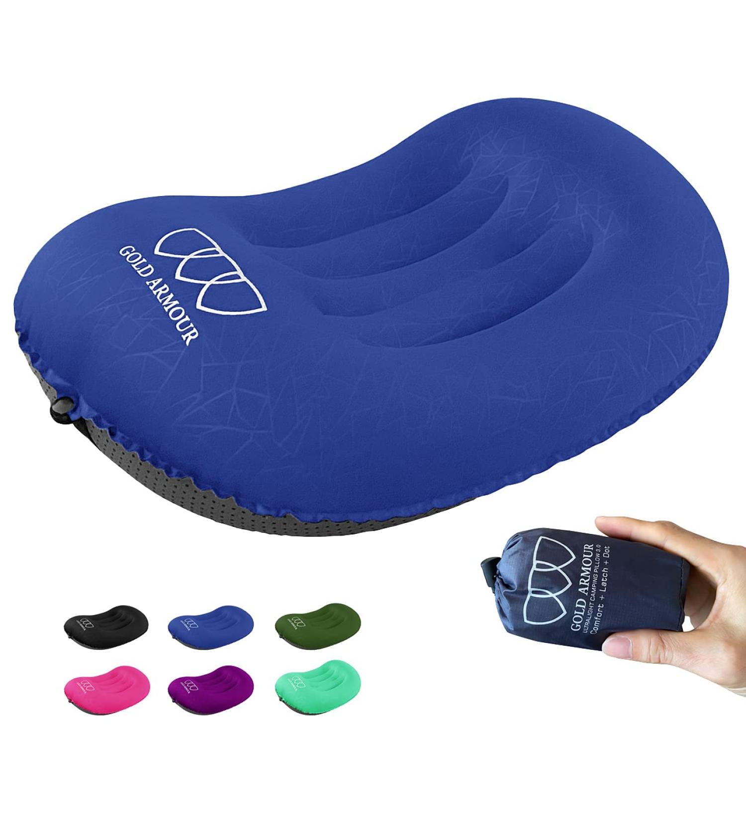 Gold Armour Inflatable Camping Pillow Backpacking Pillow Lightweight Travel Air Pillow Ultralight Ergonomic Pillow Portable for Airplanes with Neck & Lumbar Support (Blue) Blue 1 - Buy Online on SooperMarket.com