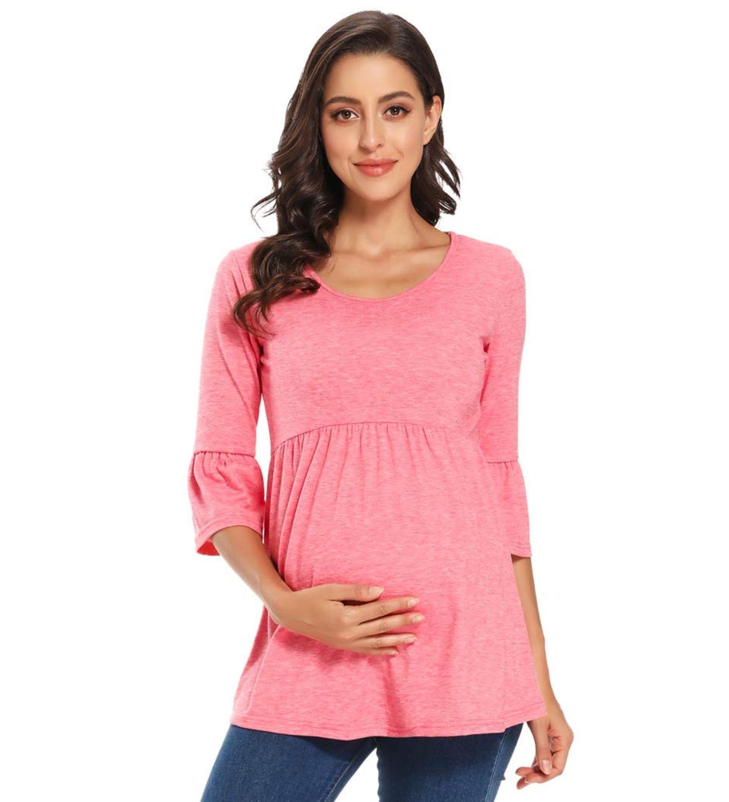 Love2Mi Maternity Blouse S Pink | A Line Pregnancy Shirt 3/4 Bell-Sleeve Striped Maternity Clothes - Buy Online on SooperMarket.com