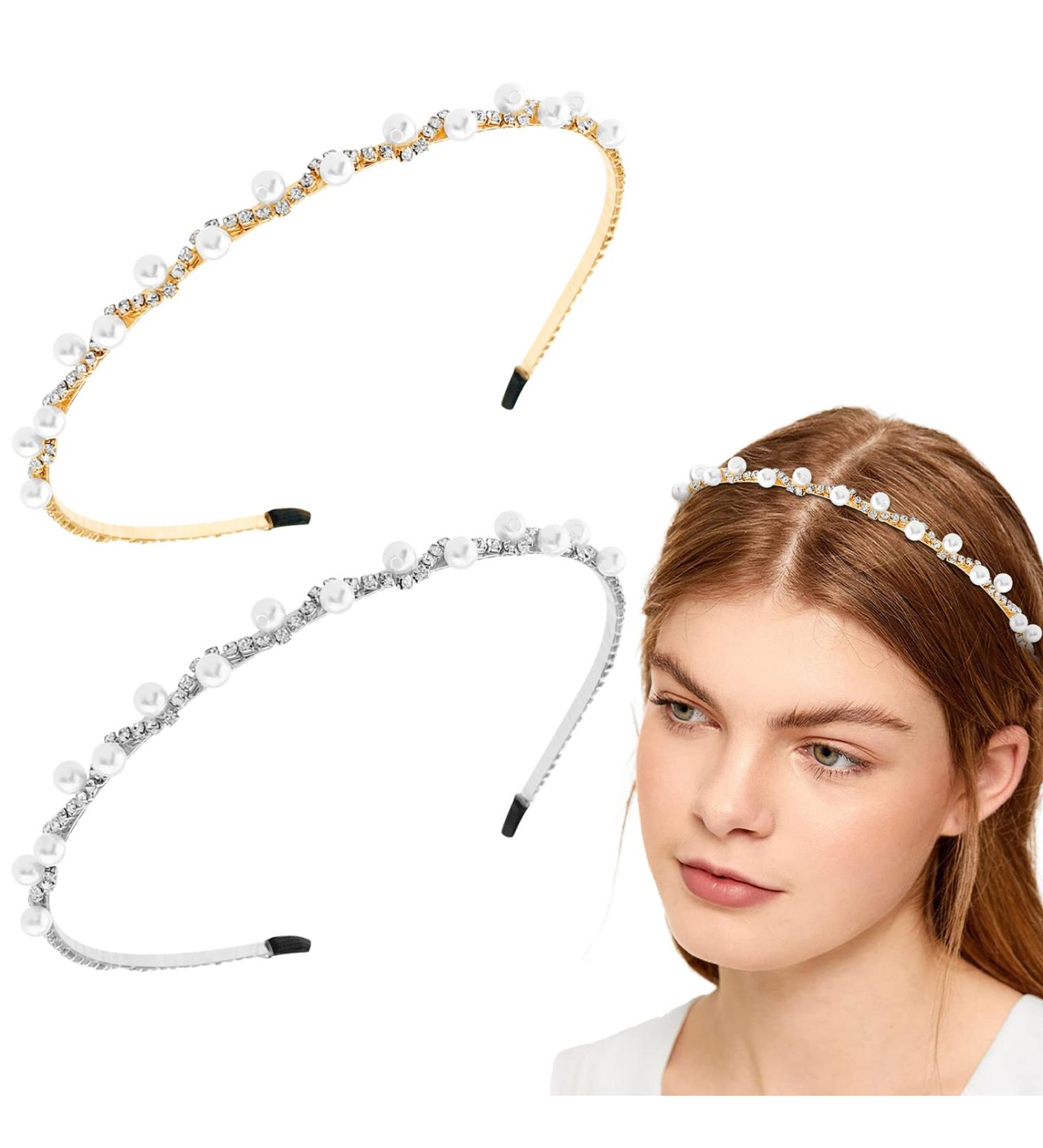2 Pcs Pearl Rhinestone Headbands - Bridal Hair Hoop for Elegant Women and Girls - Buy Online on SooperMarket.com