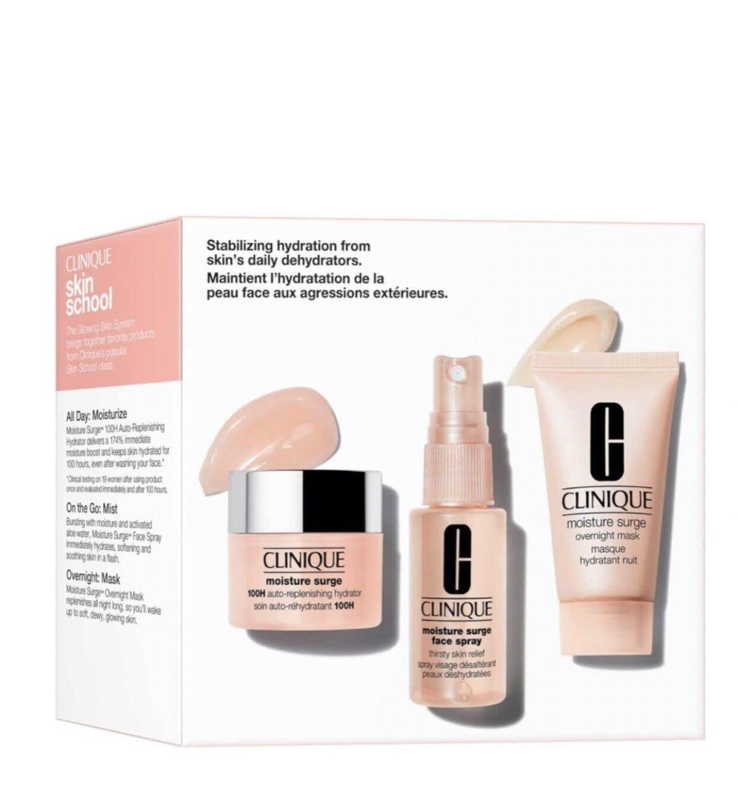 Clinique Moisture Surge Skincare Set 100H Auto-Replenishing Hydrator 15 ml + Face Spray Thirsty Skin Relief 30 ml + Overnight Mask 30 ml - Buy Online on SooperMarket.com